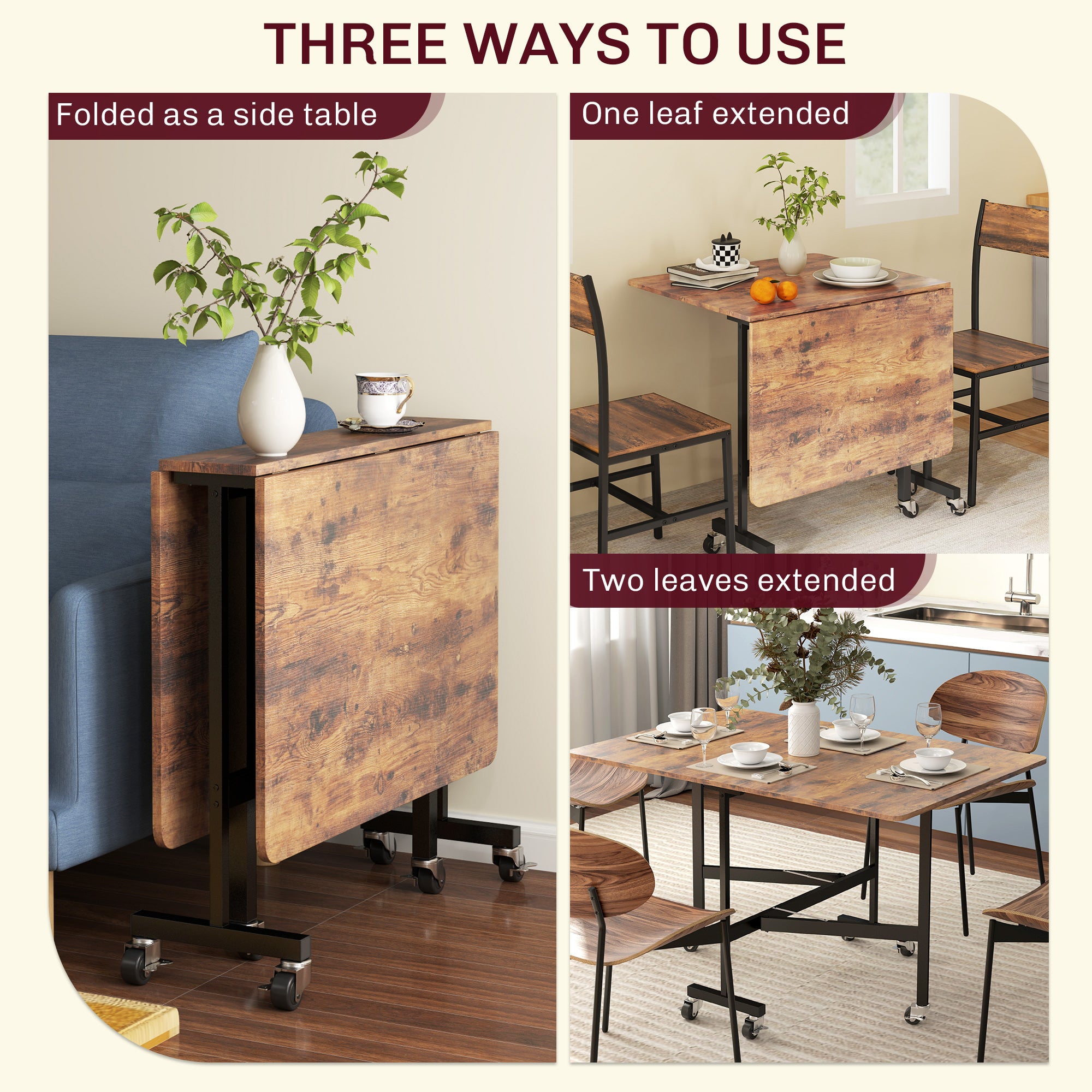 Six-Seater Drop-Leaf Dining Table, with Wheels - Brown Wood-Effect