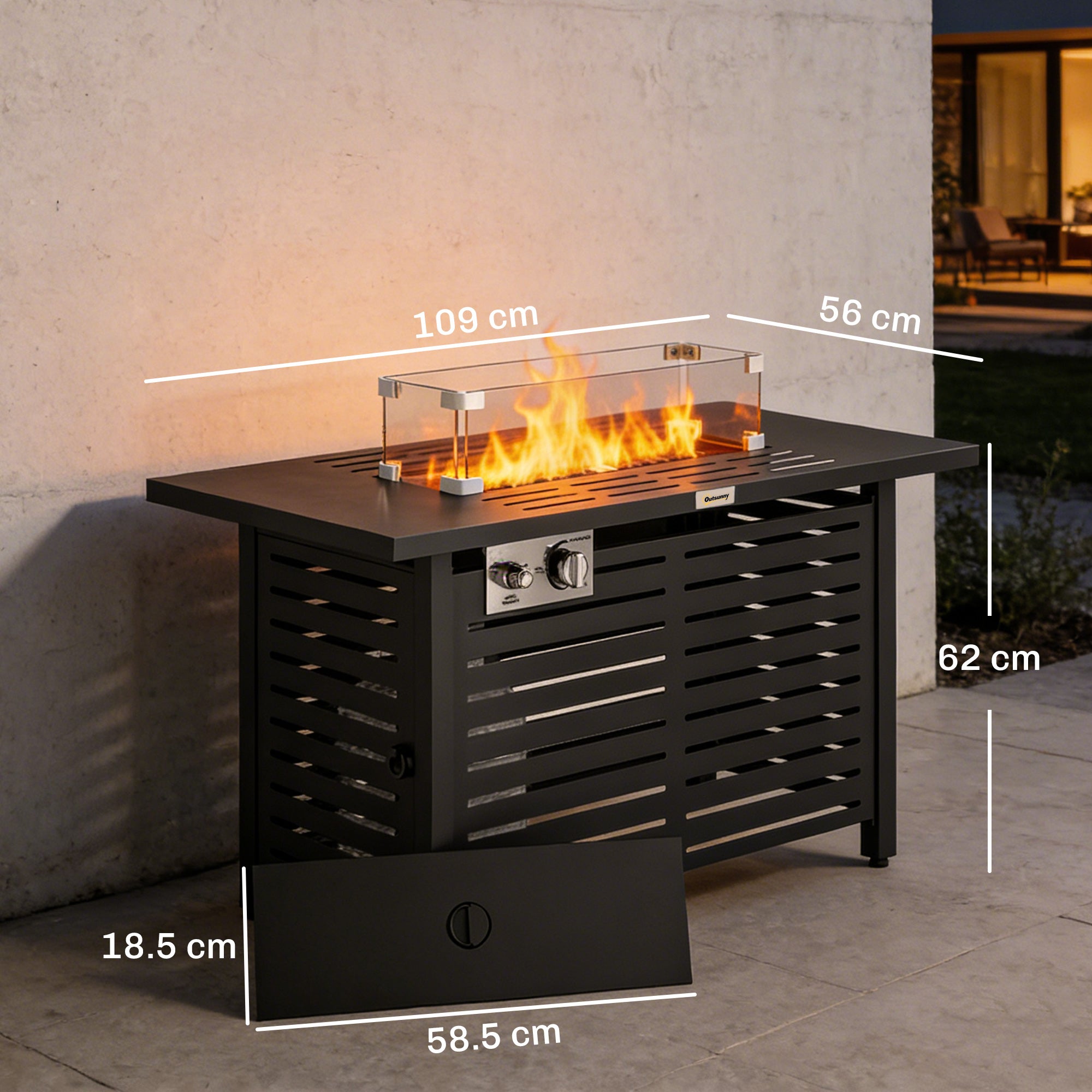 Propane Gas Fire Pit Table, Outdoor Firepit with 43" Steel Tabletop and Lid, 50,000 BTU Pulse Ignition Fire Table w/ Stainless Steel Burner, Glass Wind Guard, and Cover