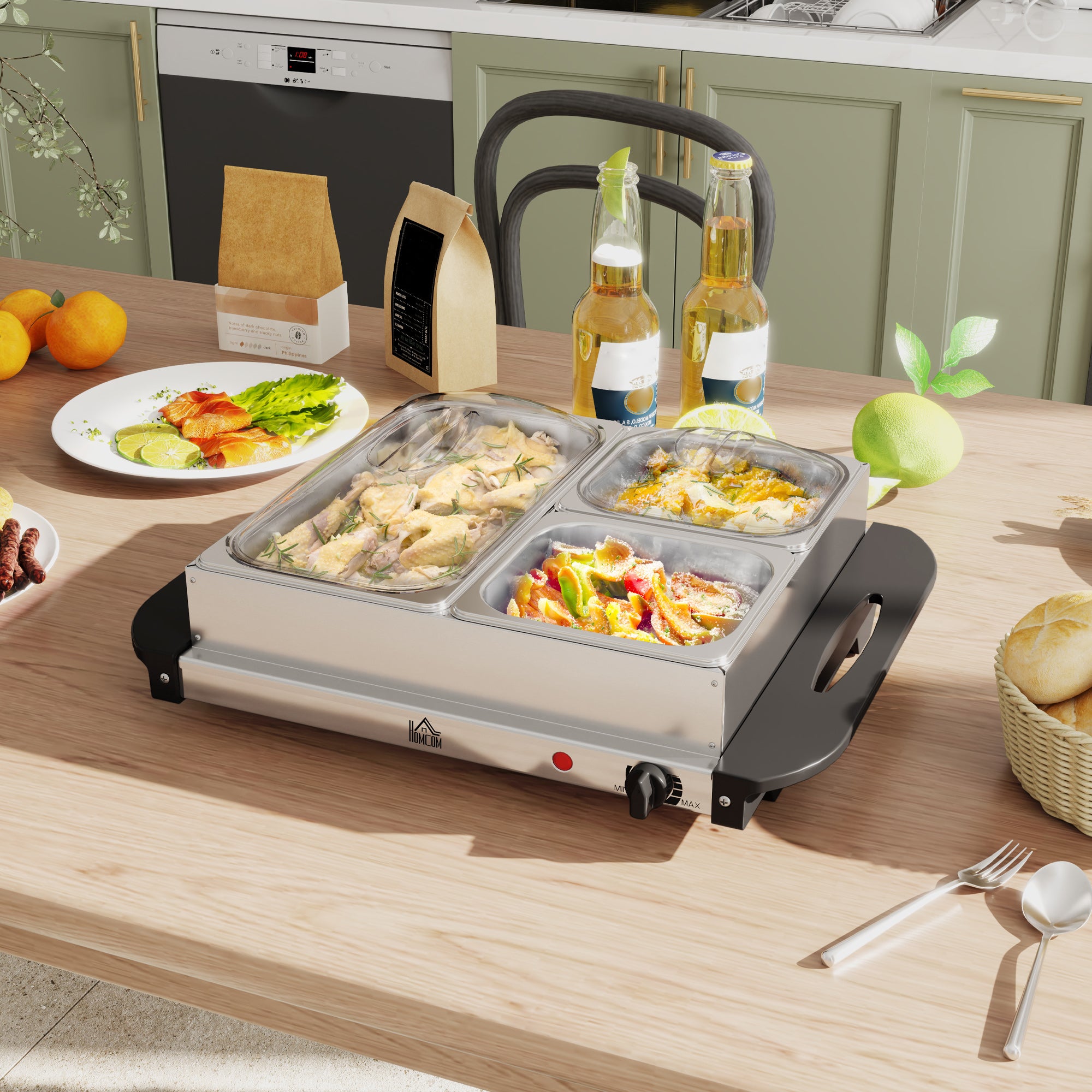 Electric Food Warmer 4 Tray, 4.5L Portable Buffet Server and Warming Tray with Lids, Adjustable Temperature Control and Cool Touch Handles, 200W, 1 x 2.5L and 2 x 1L