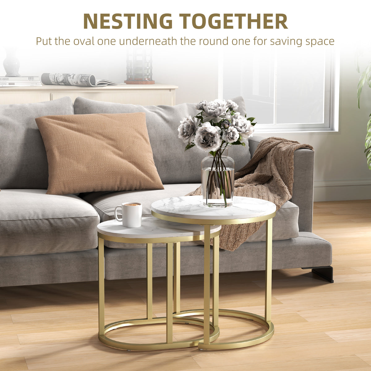 Marble-Effect Nest of 2 Tables with Gold Tone Frame - White