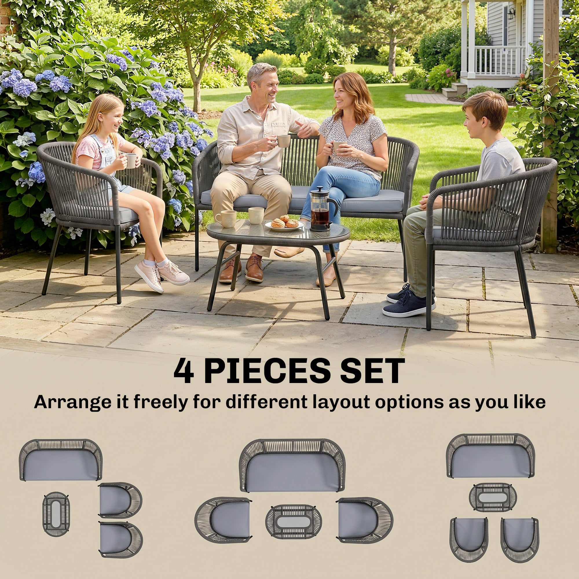 4 Piece Garden Furniture Set, Rope Garden Sofa Set with 1 Loveseat 2 Chairs Tempered Glass Table Cushions, Dark Grey