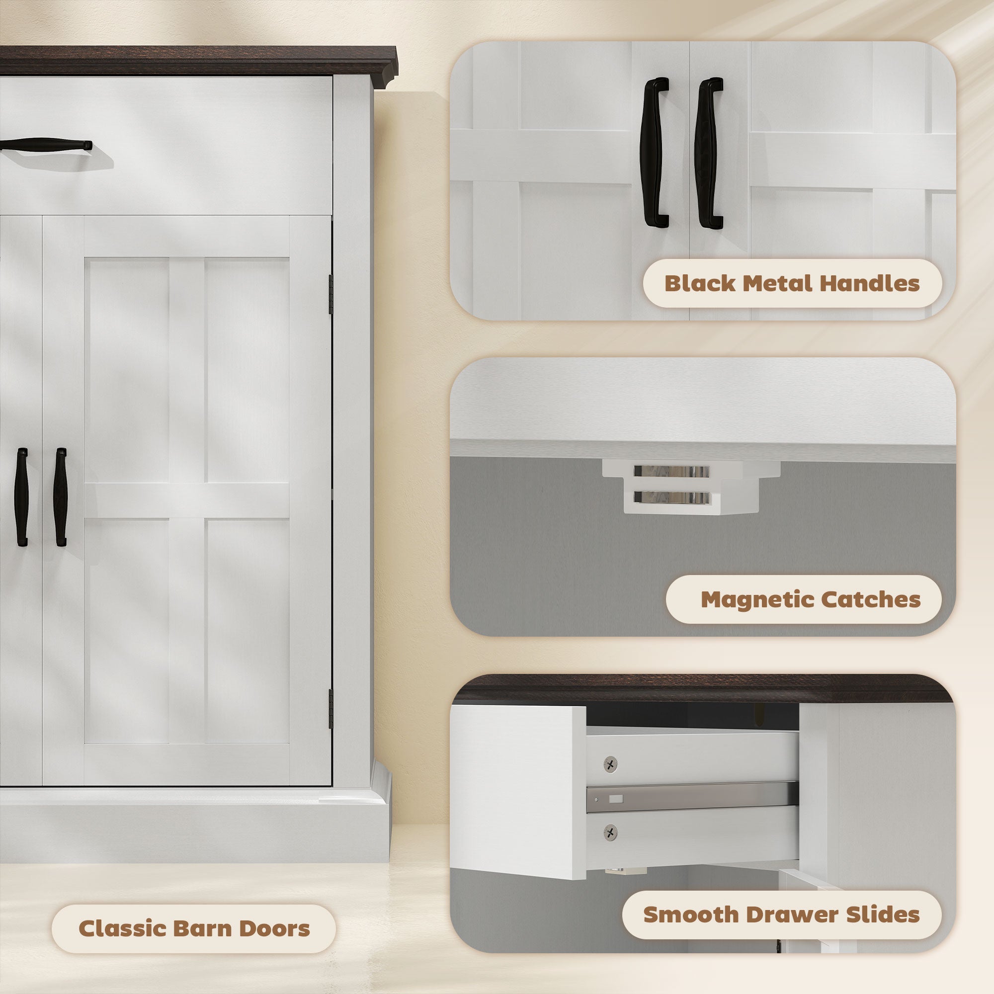 Farmhouse Sideboard with 3 cm Thick Top 2 Barn Doors - White
