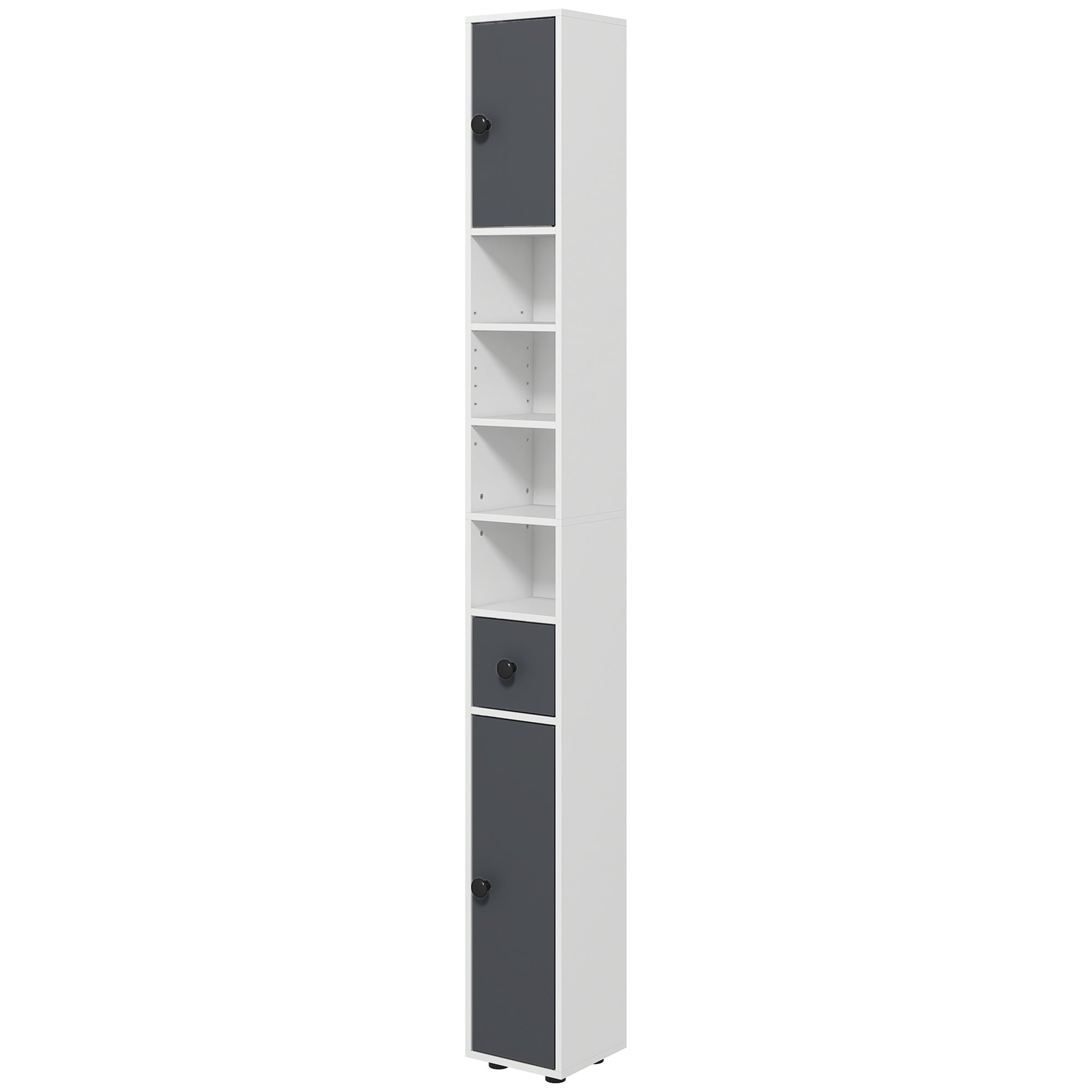 180cm Slim Bathroom Cabinet, with Drawer, Shelves and Cupboards - Grey