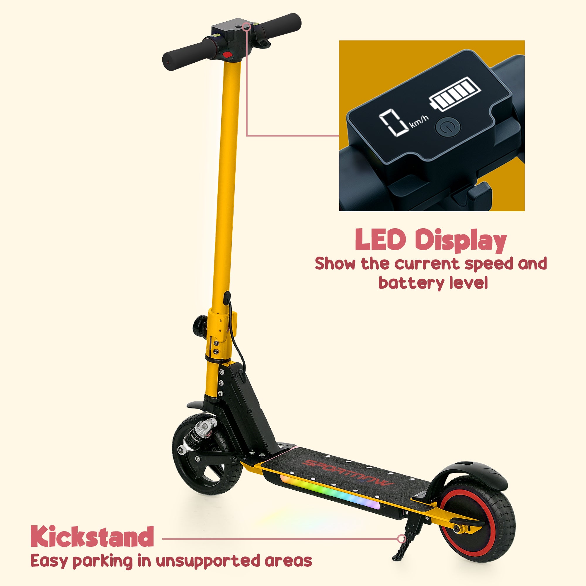 Folding Electric Scooter for Kids 6-14 with Dual Brakes, Front Suspension, LED Lights & Display - Gold Tone