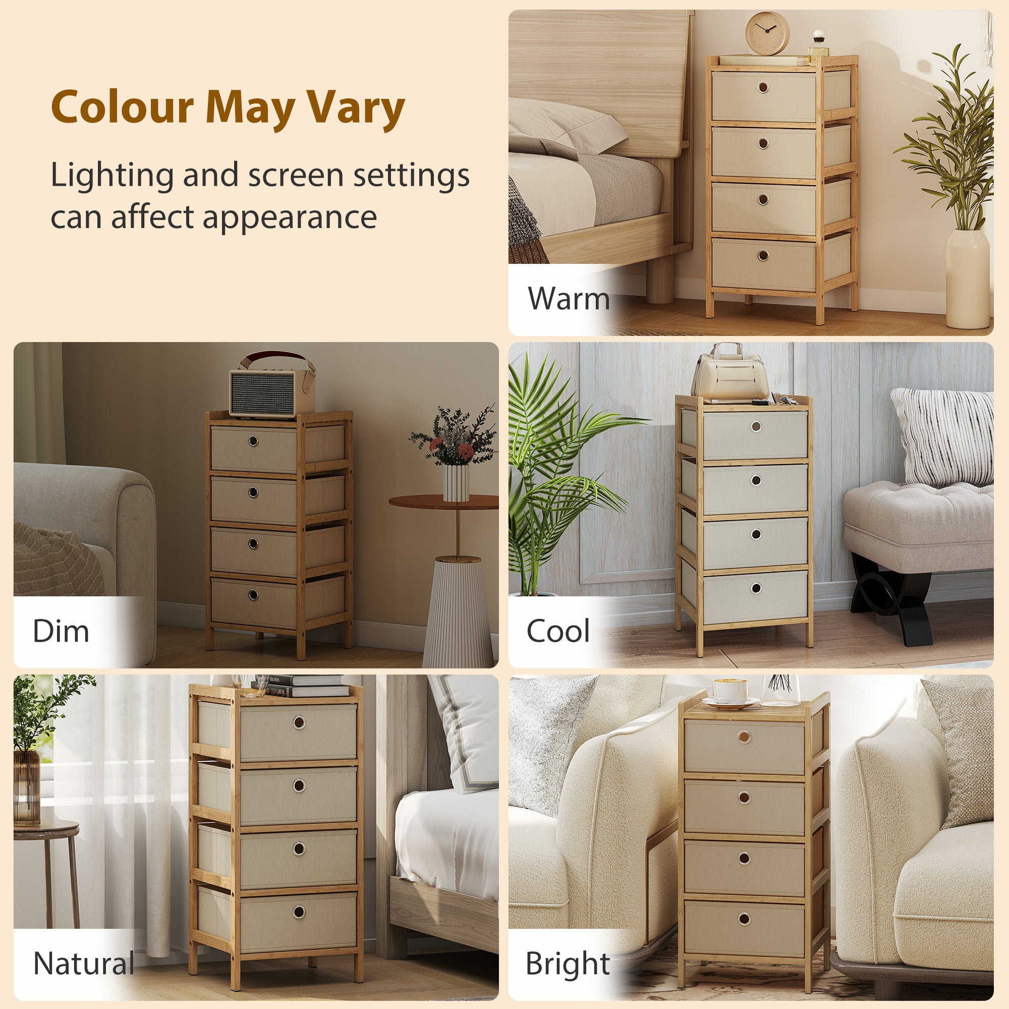 Chest of Drawers, 4 Fabric Drawers Narrow Dresser with Bamboo Frame, Cream White