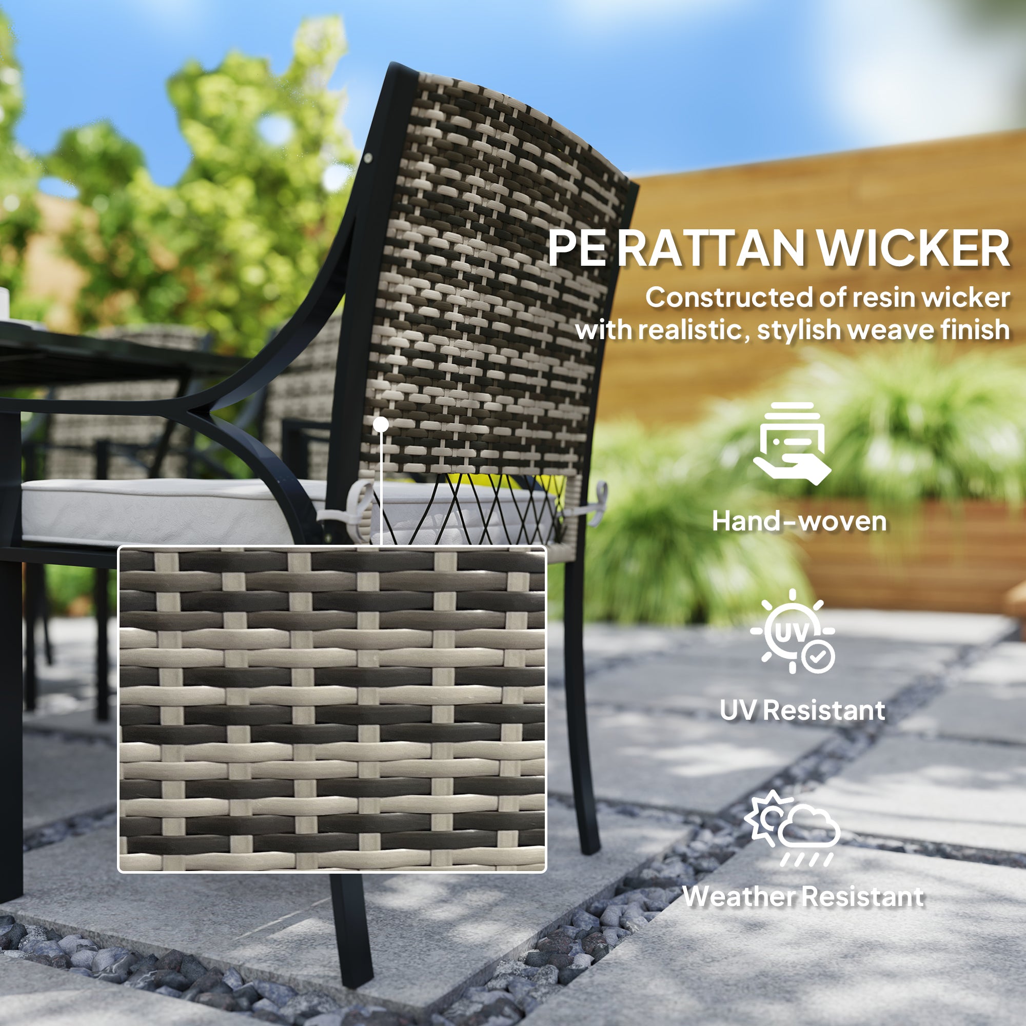 Rattan Garden Furniture Set with Cushions, 6 Seater Rattan Dining Set with 6 Armchairs, 150 x 96cm Rectangular Table, Umbrella Hole, for Outdoor, Patio, Balcony, Terrace, Conservatory