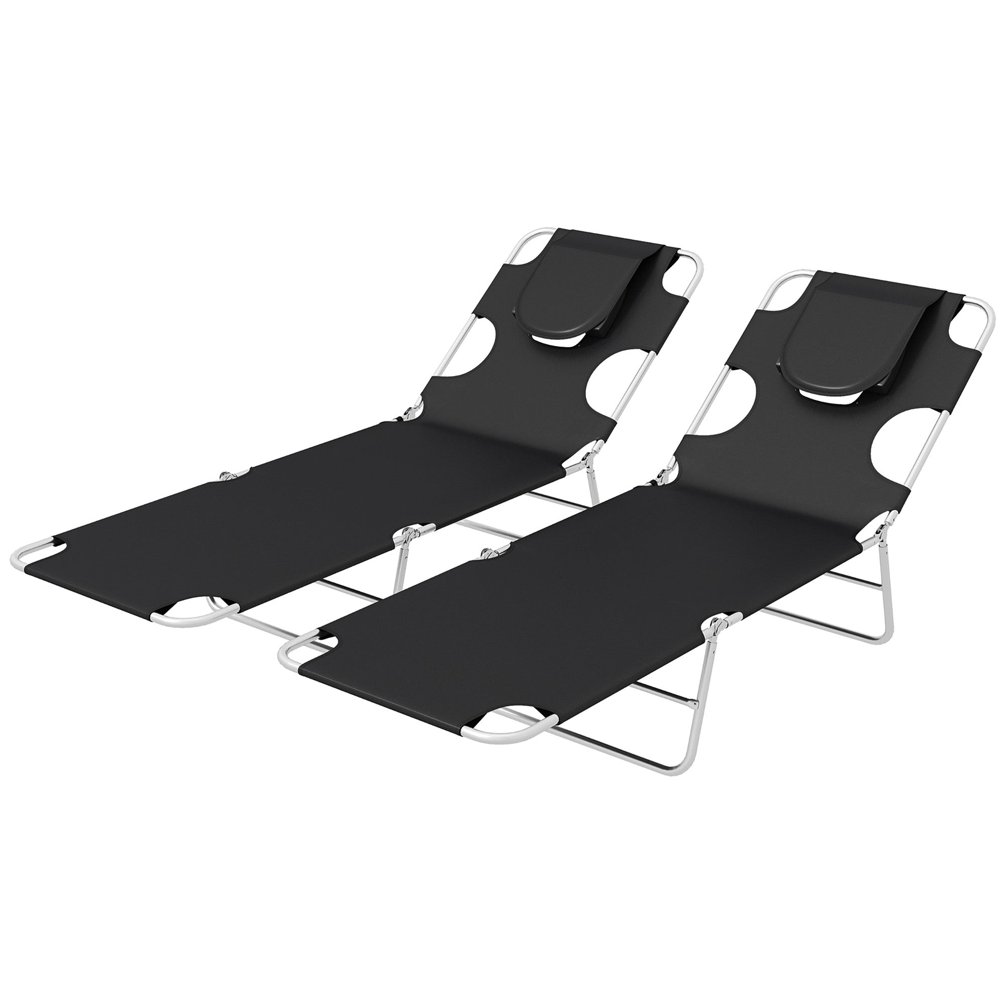 Foldable Sun Lounger Set of 2, Beach Chaise Lounges with Reading Hole, Arm Slots, 5-Position Adjustable Backrest, Side Pocket, Pillow for Patio, Garden, Beach, Pool, Black