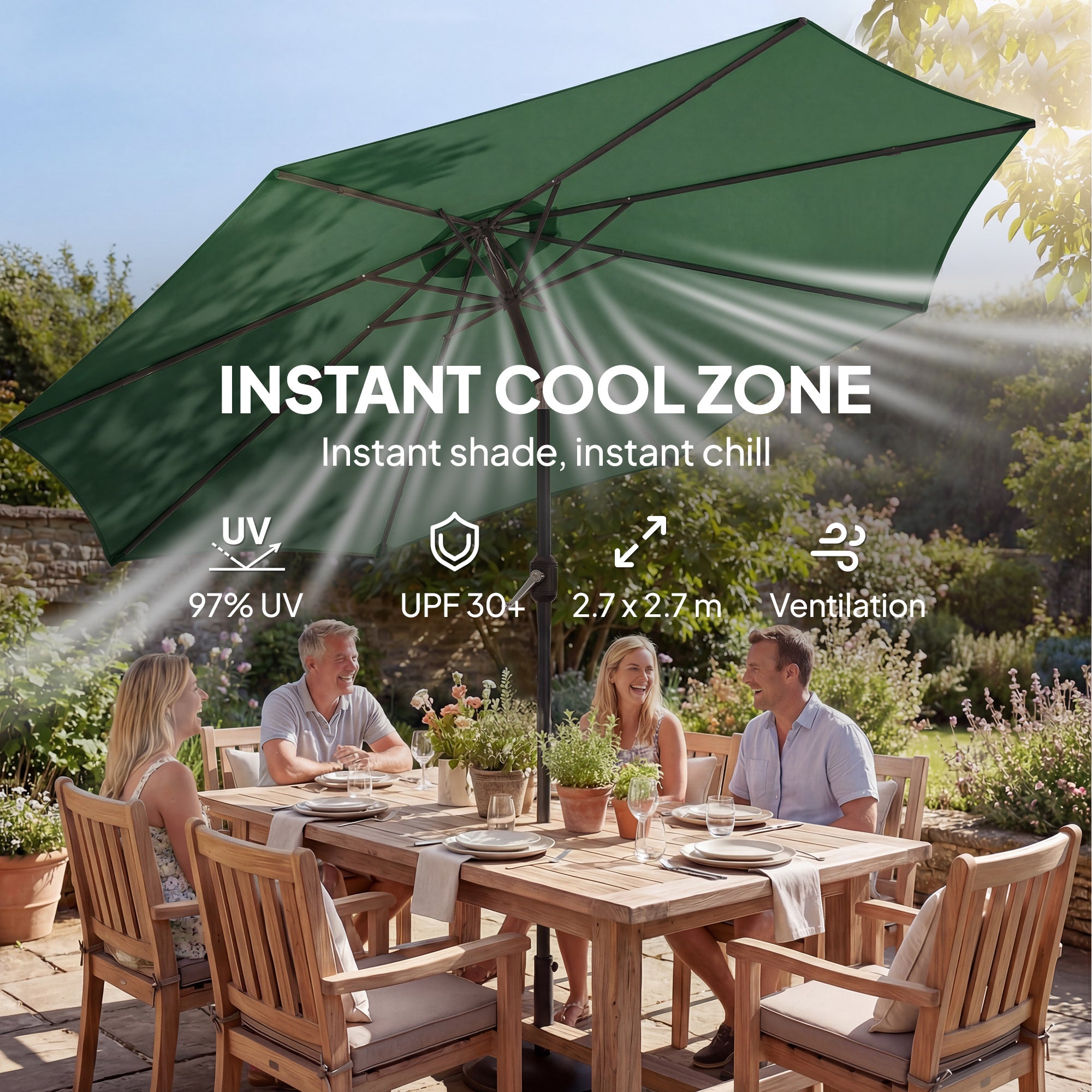 2.7 m Garden Parasol Umbrella with Cross Base and Sandbag, Retractable Ribs, Outdoor Table Market Umbrella, Green