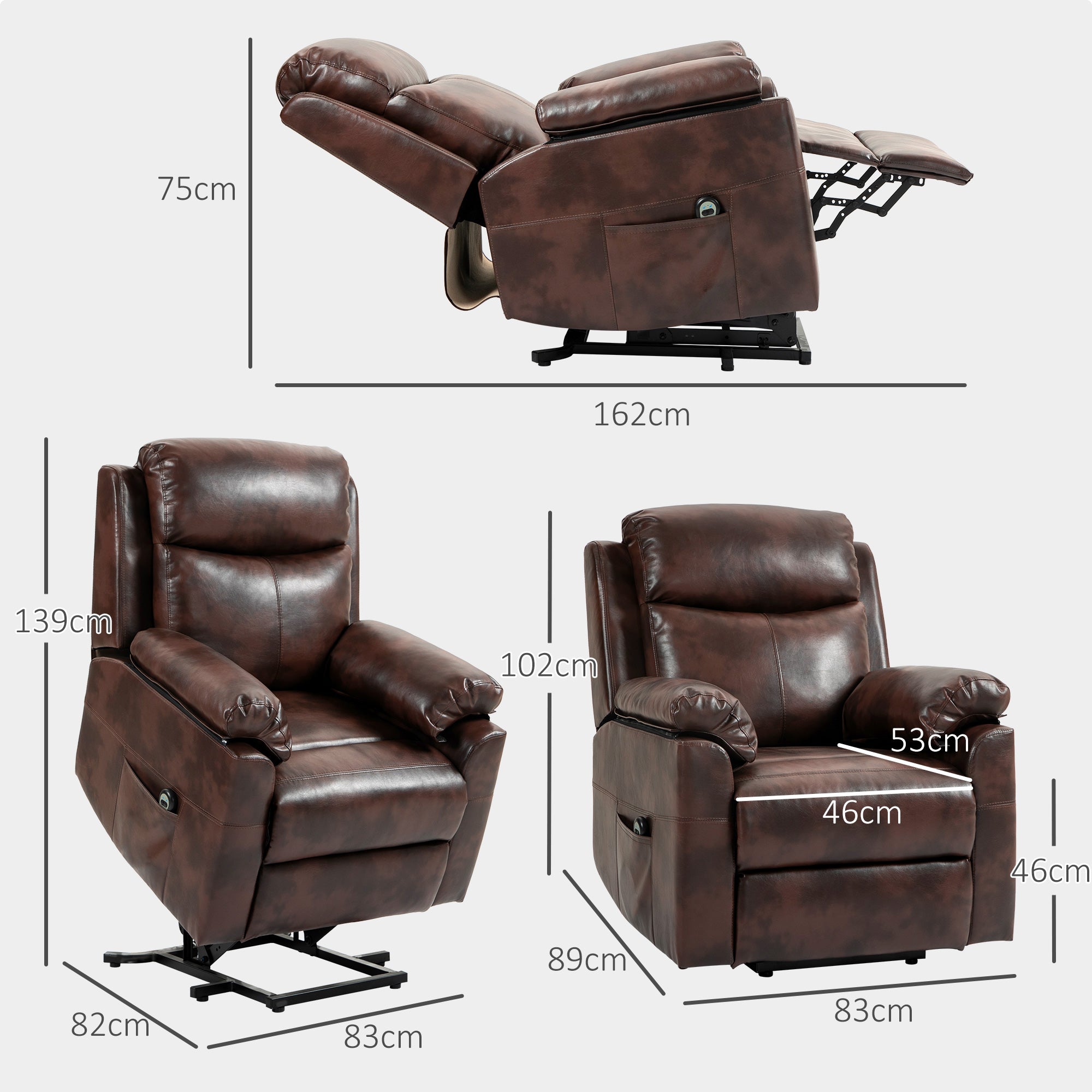 Faux Leather 70° Electric Riser Recliner Chair - Brown