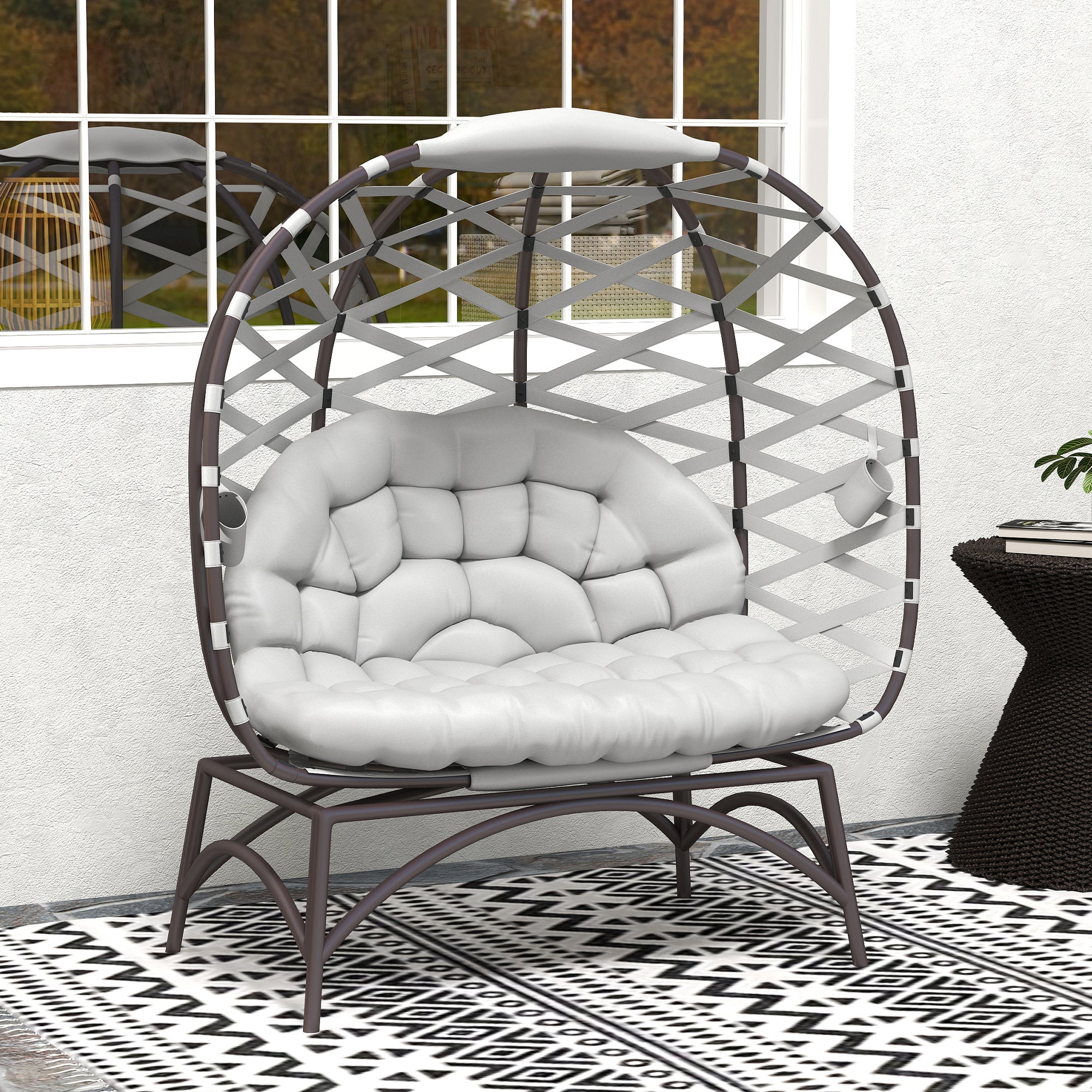 2 Seater Folding Egg Chair with Cushions and Cup Pockets - Light Grey