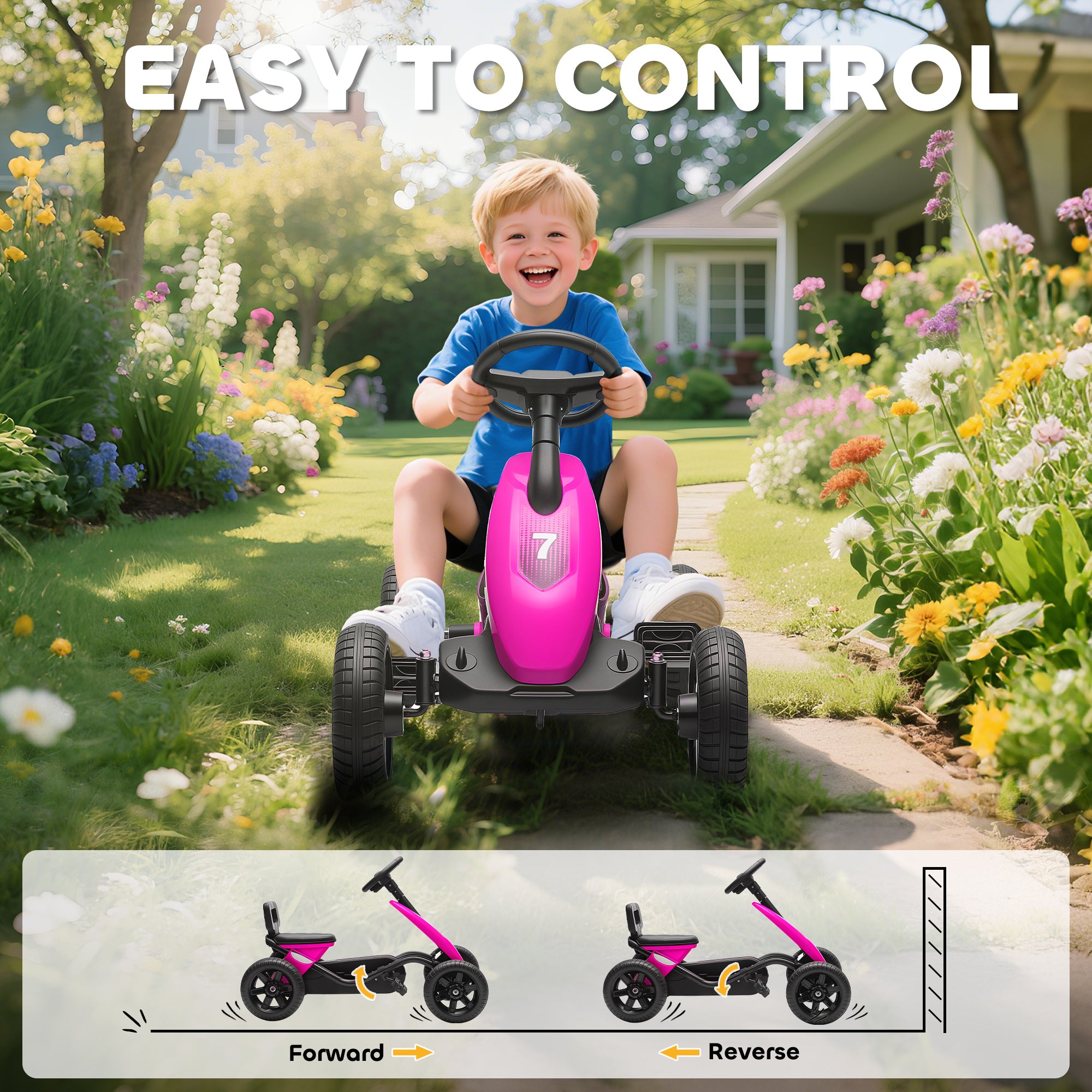 Pedal Go Kart for Kids 2-5 Years, with Silent EVA Wheels, Metal Frame, Pink