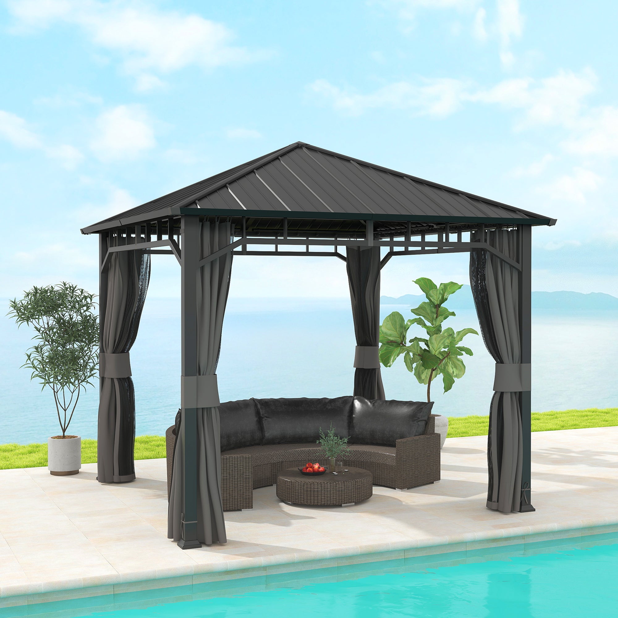 3 x 3m Hardtop Gazebo with Galvanised Steel Roof, Water Gutter, Netting & Curtains for Patio - Dark Grey