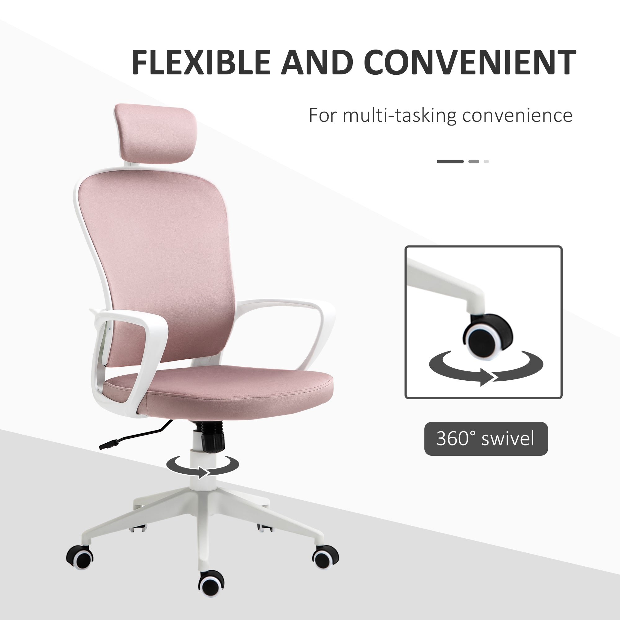 Office Chair, Ergonomic Desk Chair, High Back Velvet Fabric Computer Chair with Adjustable & Liftable Headrest for Home, Pink