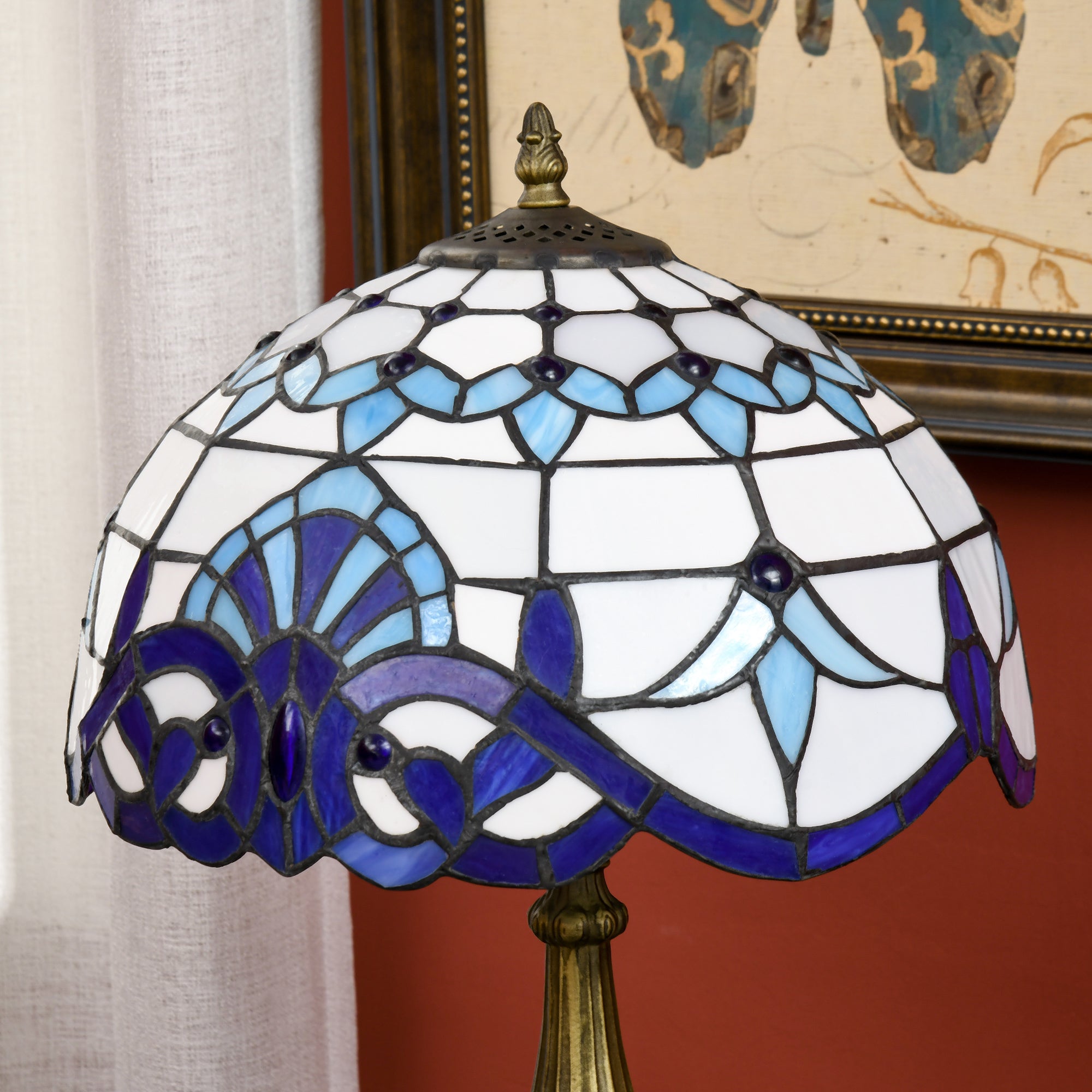 Stained Glass Table Lamp, Handmade Antique Bedside Lamp for Bedroom, Living room, Home, Nightstand, Decorative Night Light, Blue