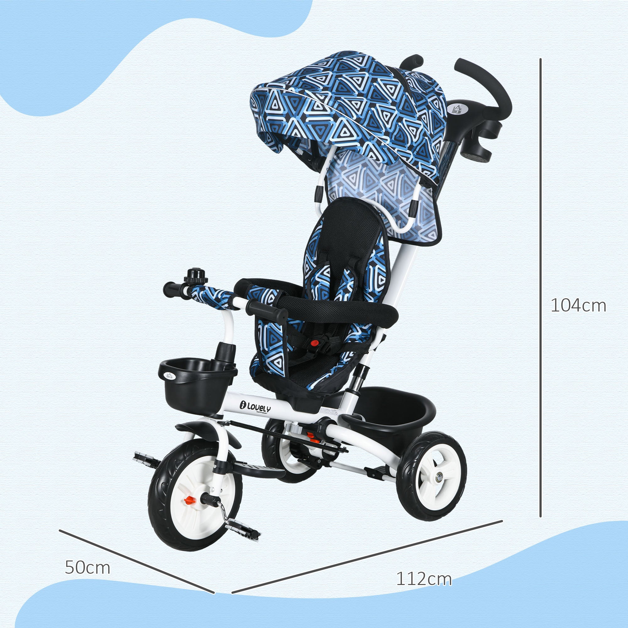 Metal Frame 6 in 1 Baby Push Tricycle with Parent Handle for 1-5 Years Old, Light Blue