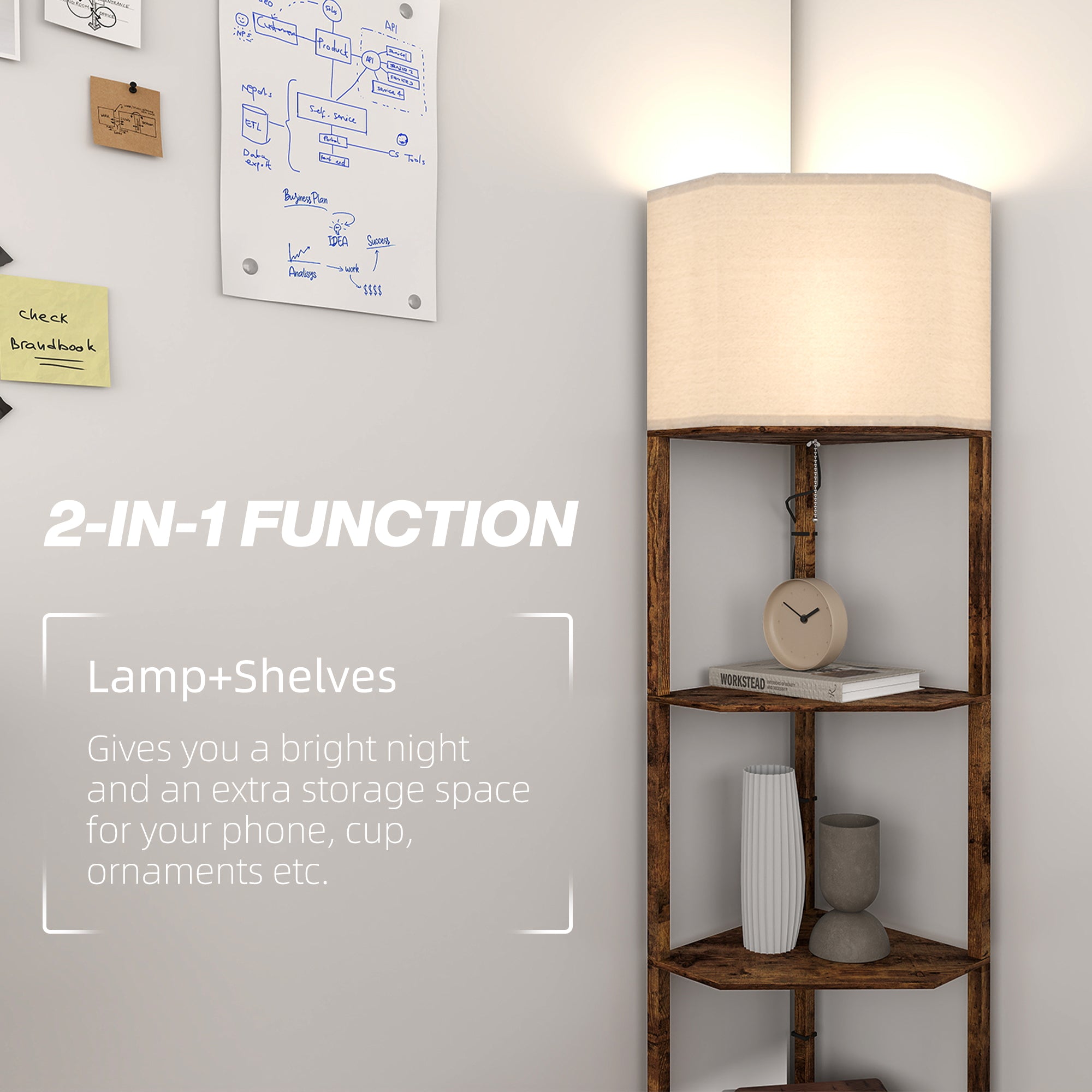 Corner Floor Lamp with Shelves, Tall Standing Lamps for Living Room, with Pull Chain Switch Bulb not Included, Rustic Brown