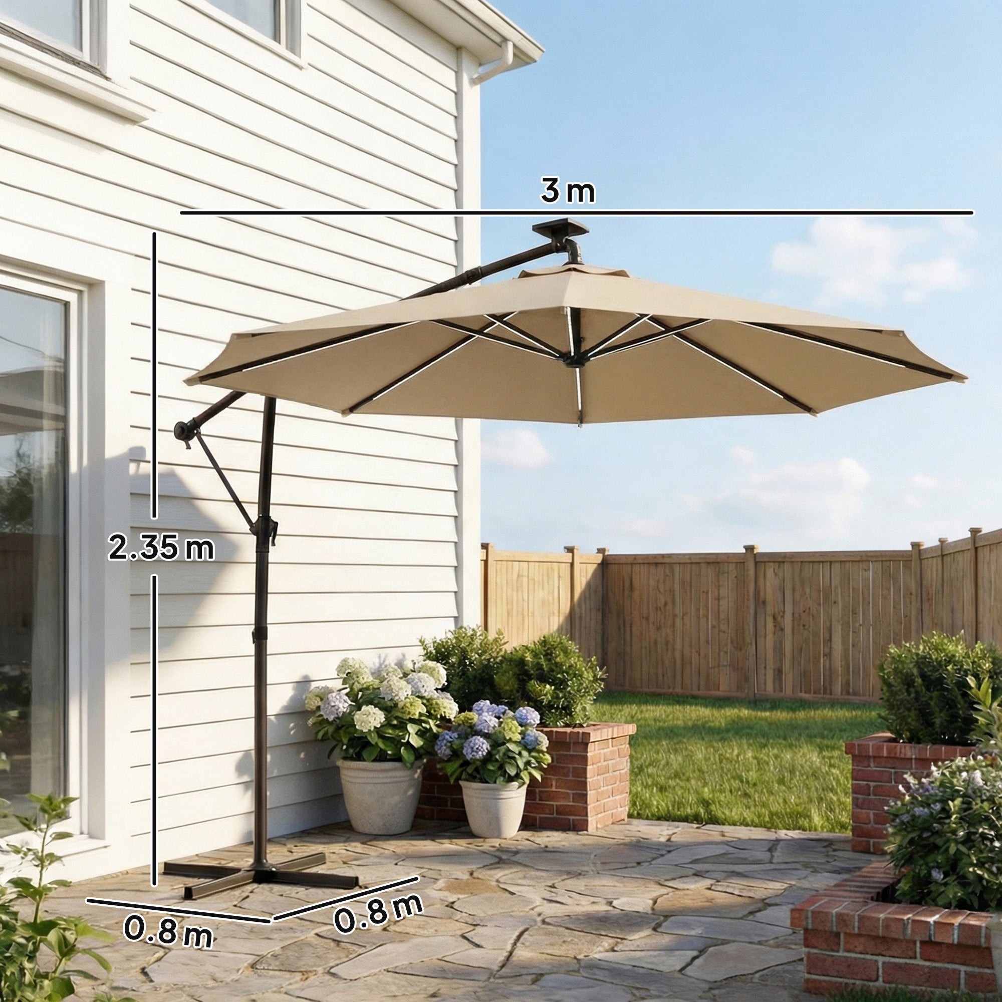 3 m Garden Cantilever Parasol with LED Solar Light, Round Overhanging Umbrella with 360° Rotation, Cover, Khaki