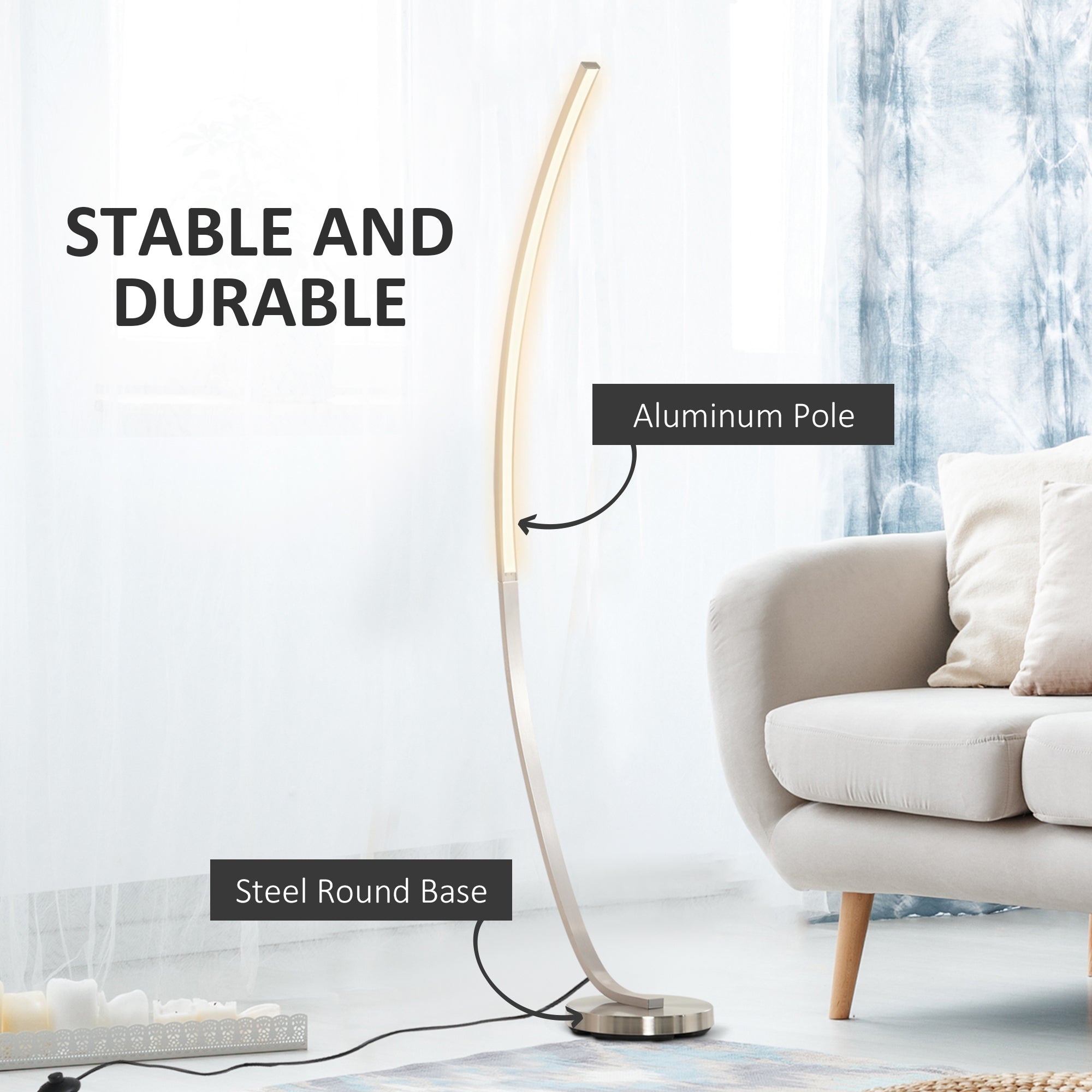 Aluminium Arc Floor Lamp Futuristic Indoor Standing LED Light w/ Switch