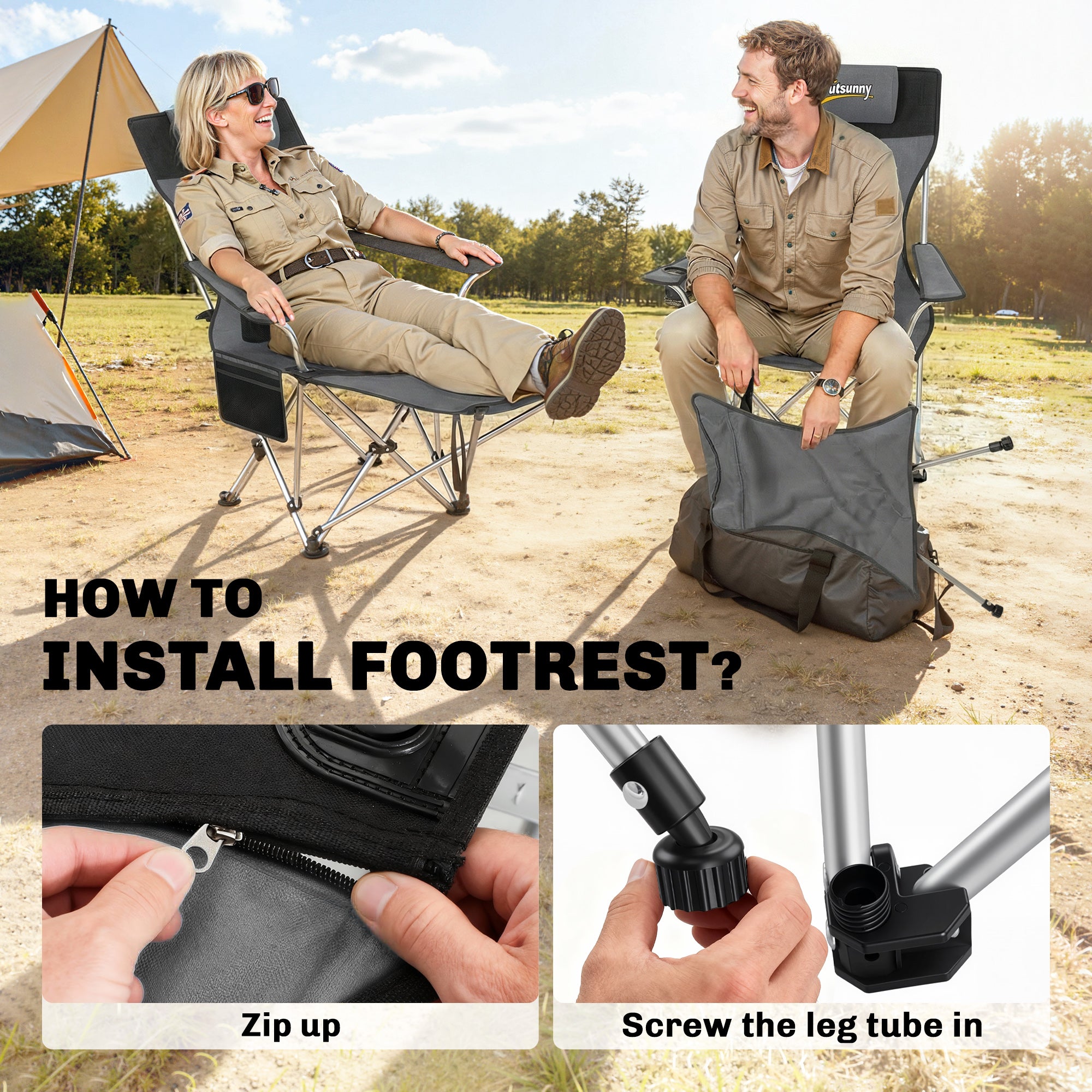 Set of 2 Reclining Folding Camping Chair w/ Detachable Footrest, Storage Bag, Cup Holder & Headrest, Lightweight Portable Camp Chair for Beach, Picnic, Grey and Black