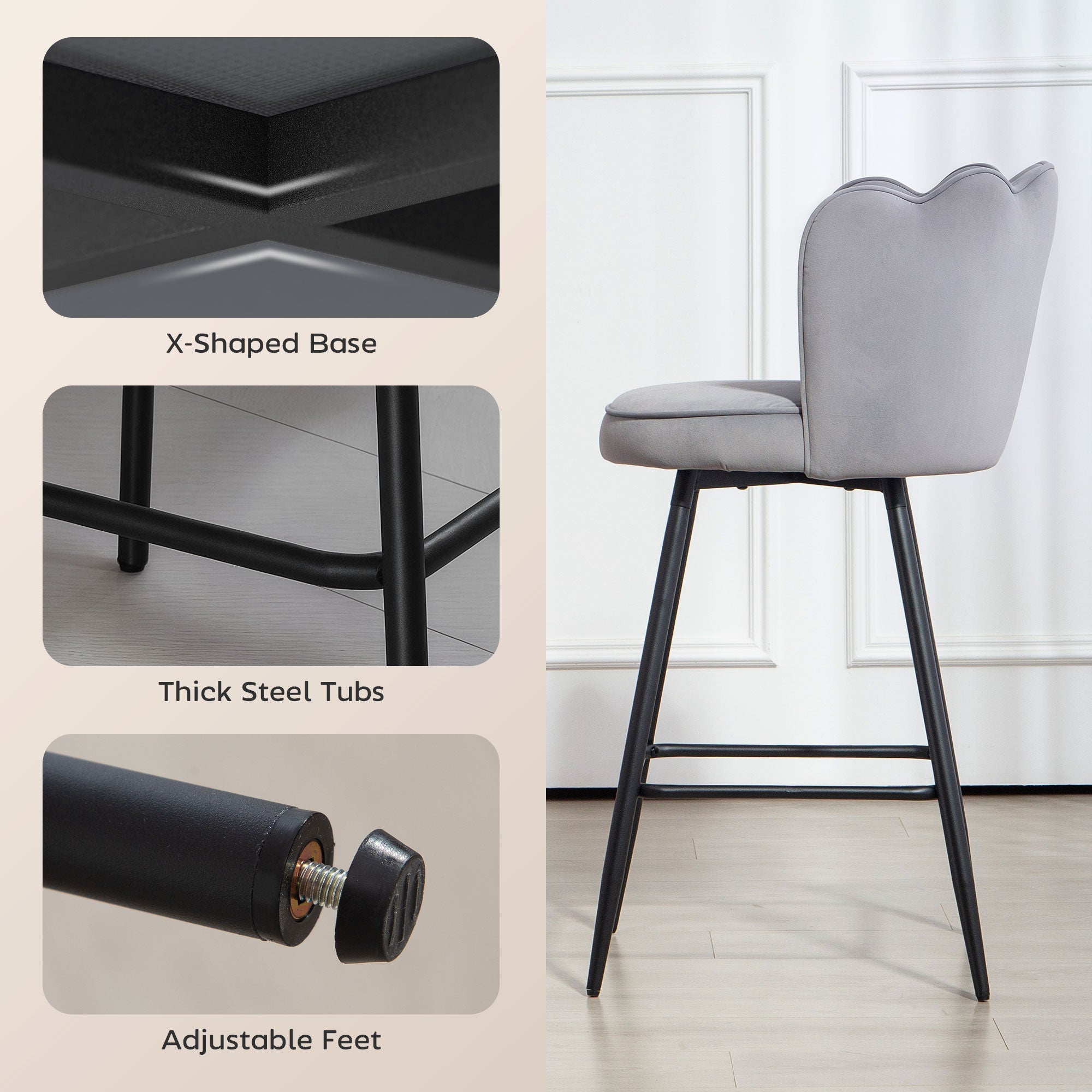Set of Two Velvet-Feel Lotus Bar Stools - Grey