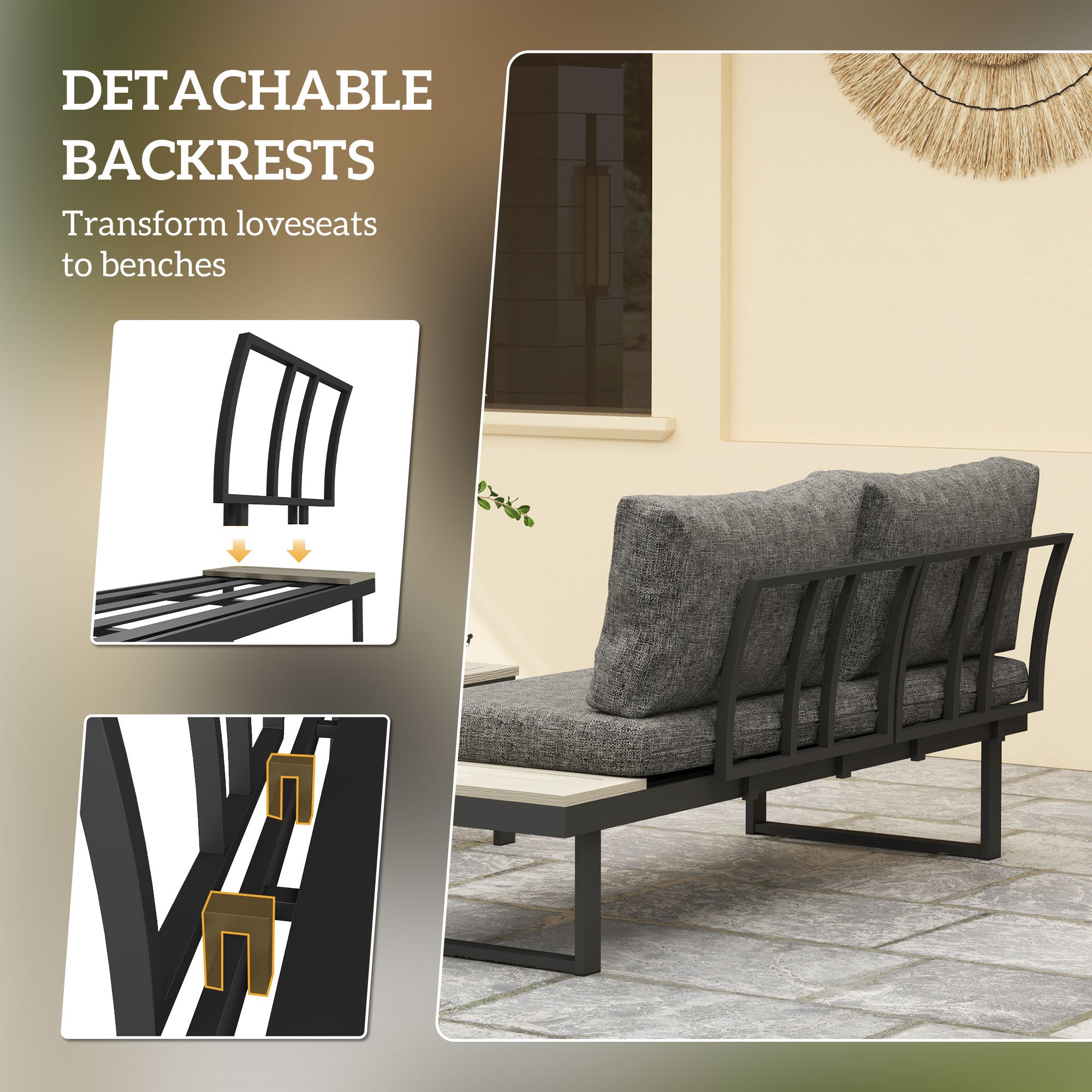 4 Seater L Shaped Aluminium Sectional Garden Furniture Set with 2 Loveseats & Wood-Plastic Coffee Table - Dark Grey