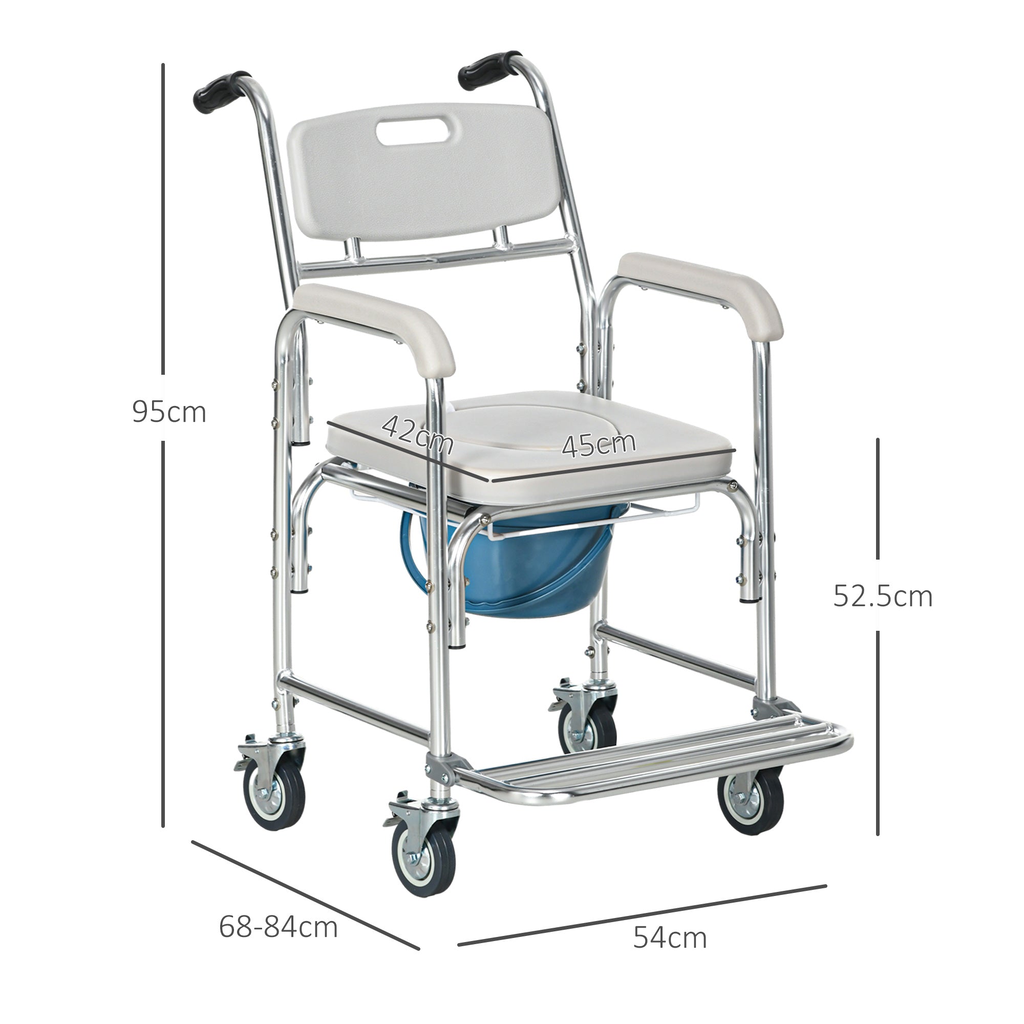 3-in-1 Shower Commode Wheelchair, with Wheels - Grey