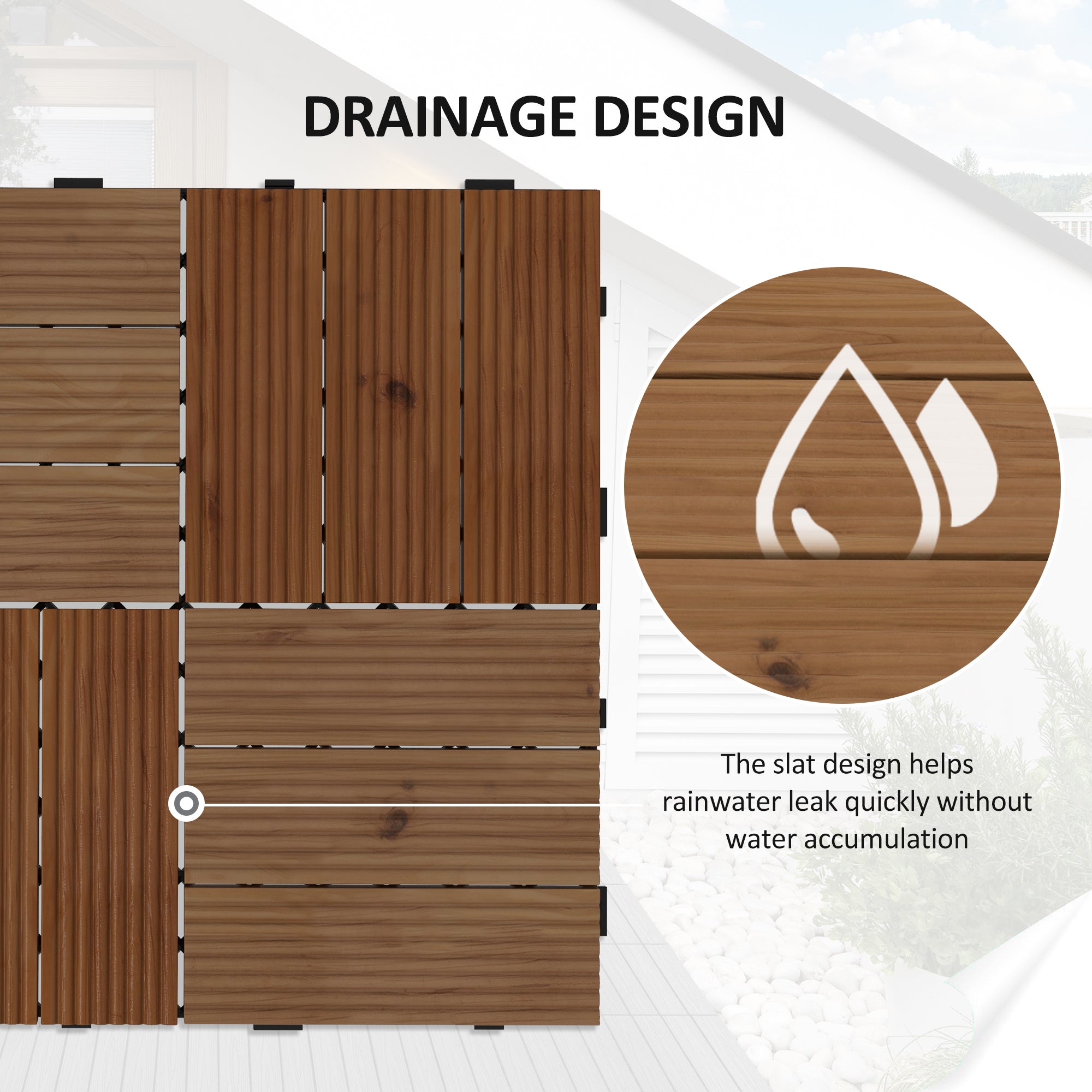 27 Pcs Wooden Interlocking Decking Tiles, 30 x 30 cm Anti-slip Outdoor Flooring Tiles, 0.81Ž¡ per Pack, All Weather Use for Patio, Balcony, Terrace, Hot Tub, Brown