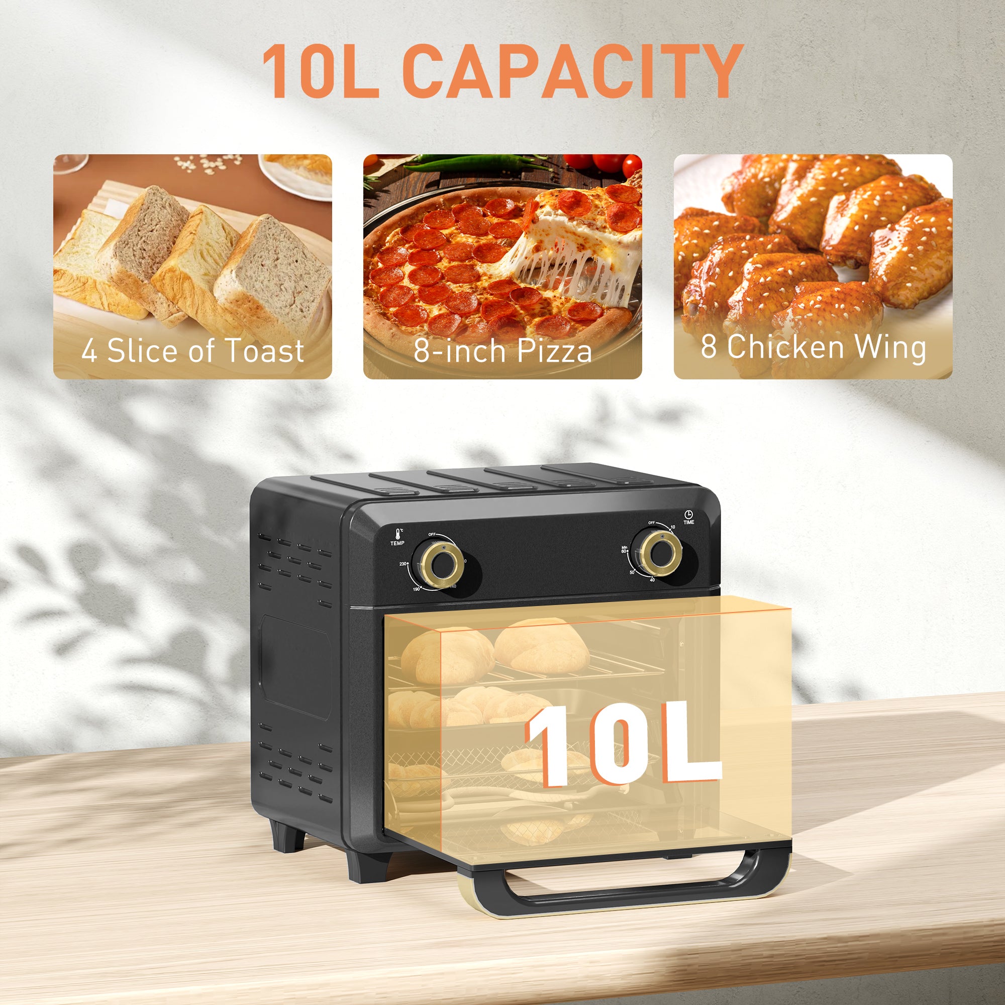 10L Air Fryer Oven, Mini Oven, Oil Free Cooking, Grill, Roast, Bake, with Adjustable Temperature, Timer, Touch Screen, Dishwasher Safe, 1000W, Black