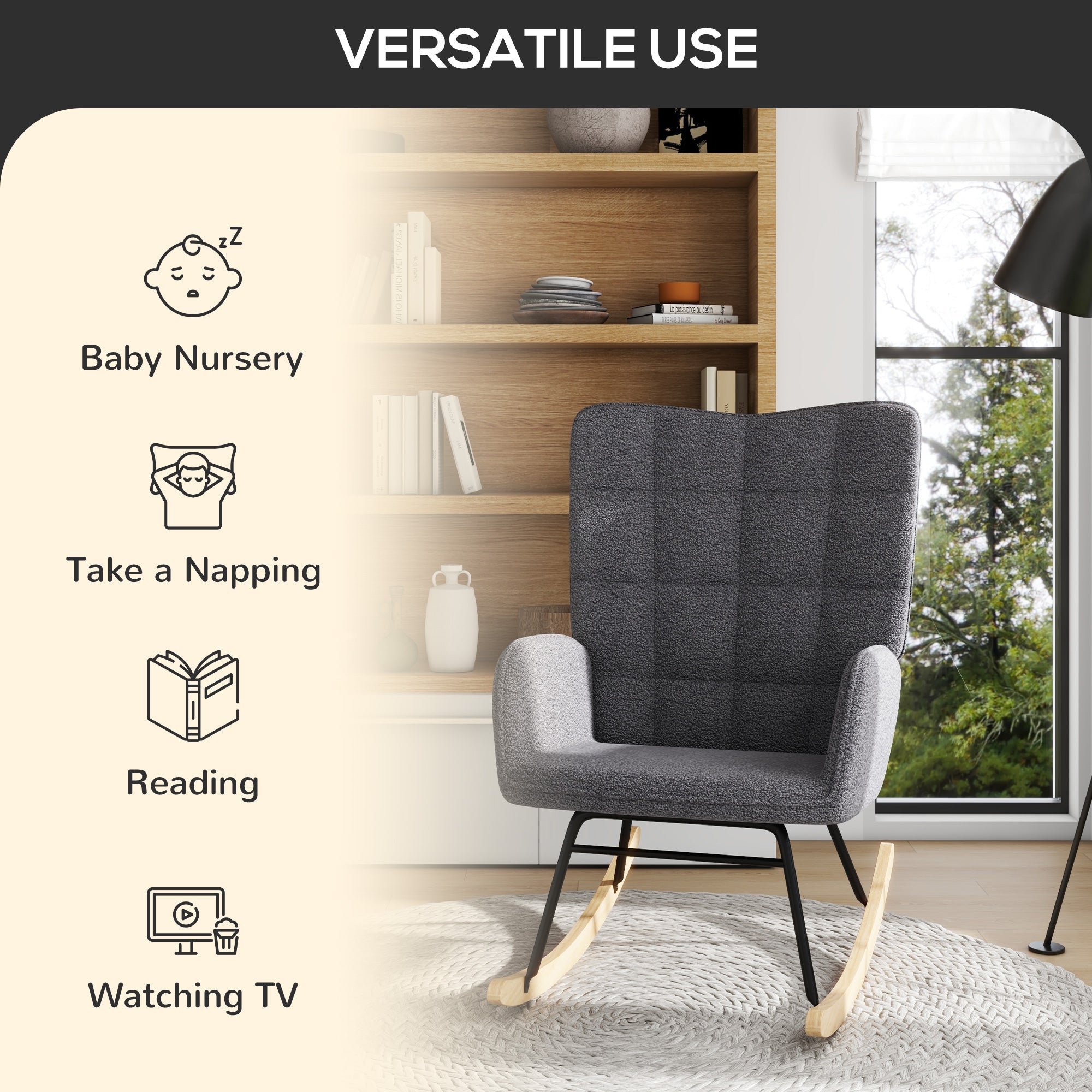 Living Room Furniture Set, Wingback Rocking Chair and Two Nesting Coffee Tables, White and Dark Grey