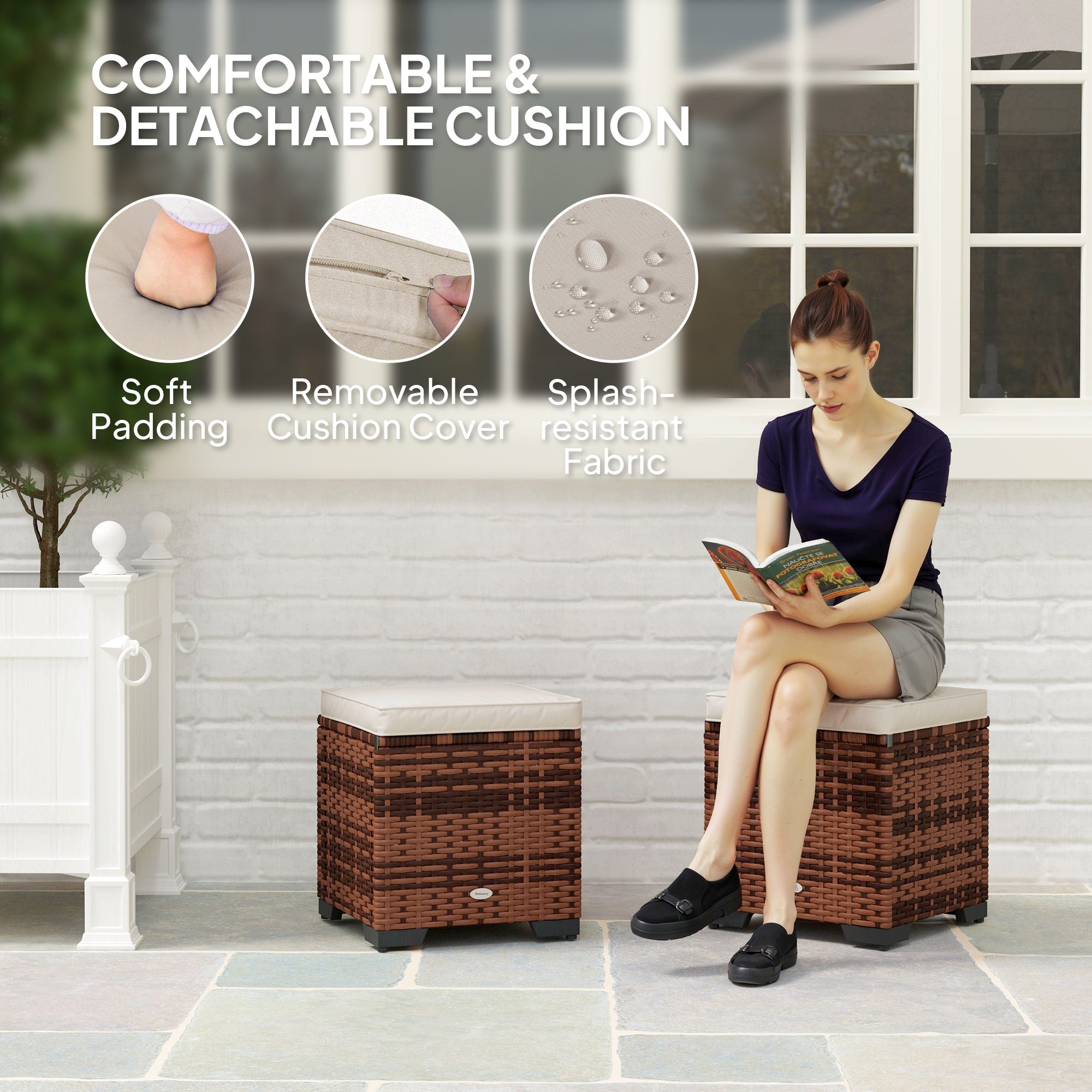 Set of 2 Rattan Storage Ottomans with Removable Cushions Beige