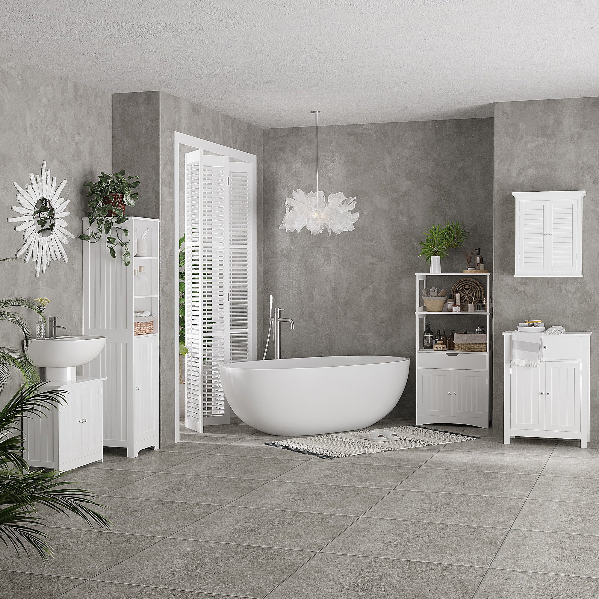 Slim Bathroom Storage Cabinet, Tall Bathroom Cabinet with 3 Open Shelves and Adjustable Shelf, White