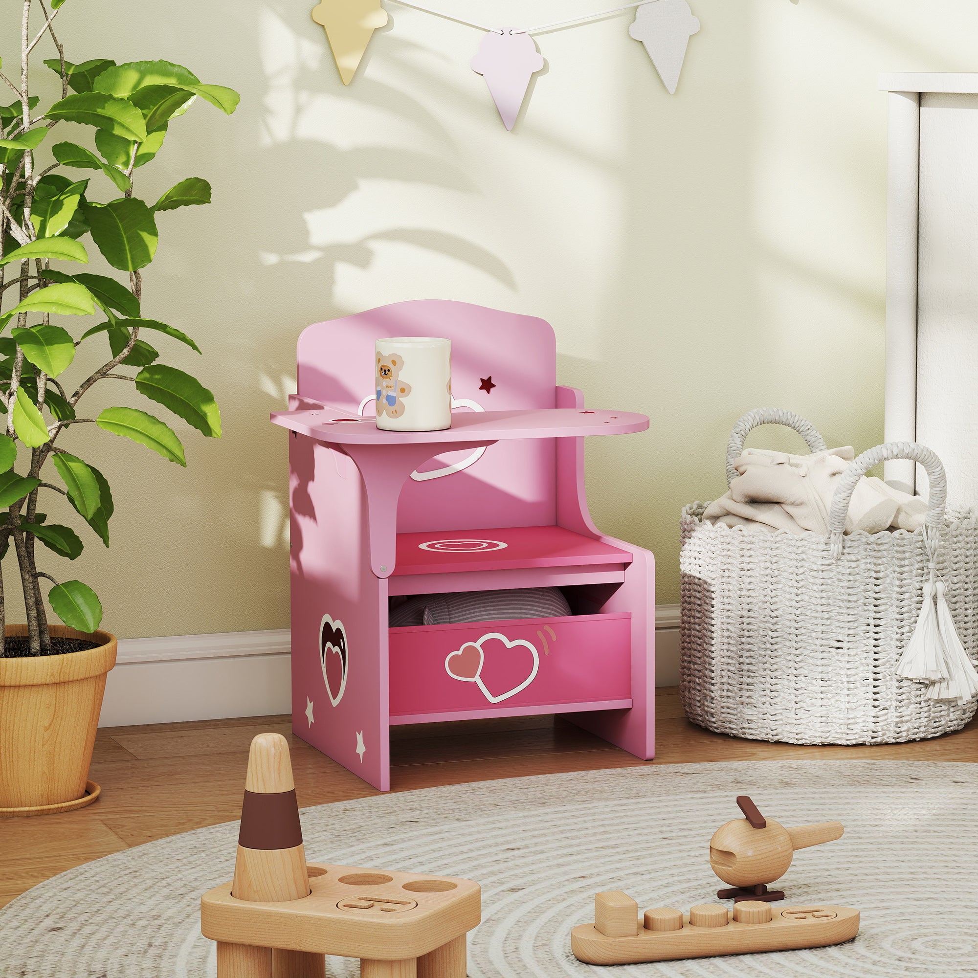 Kids Table and Chair Set, Children Desk and Chair with Storage Bins for Playing, Reading, Painting, for Ages 3-5, Pink