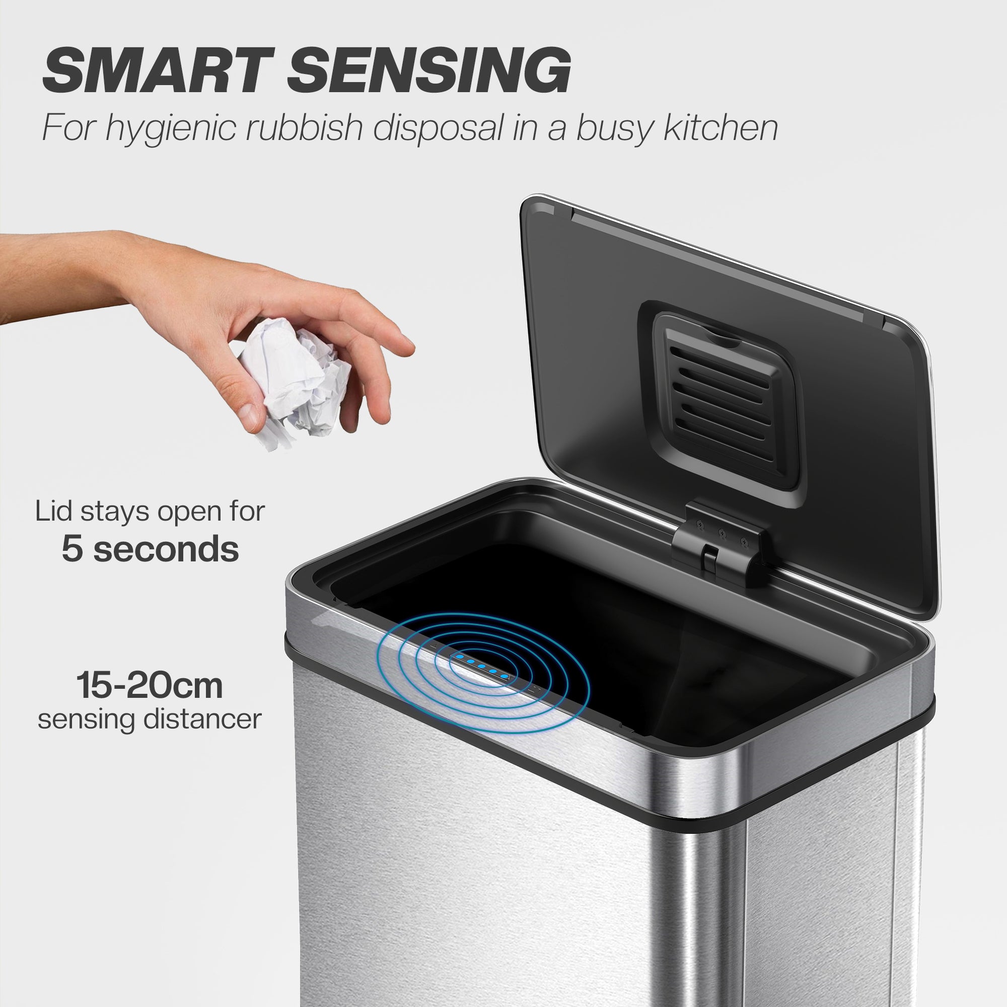 60 L Sensor Can, Sensor Bin with Soft-Close Lid, Fingerprint-Proof Stainless Steel, Silver Tone