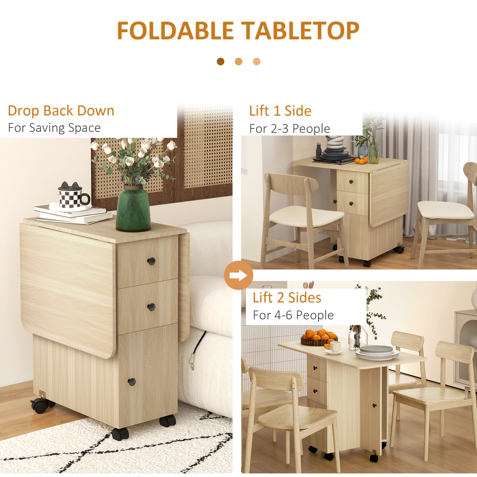 Six-Person Drop Leaf Dining Table with Storage - Wood-Effect