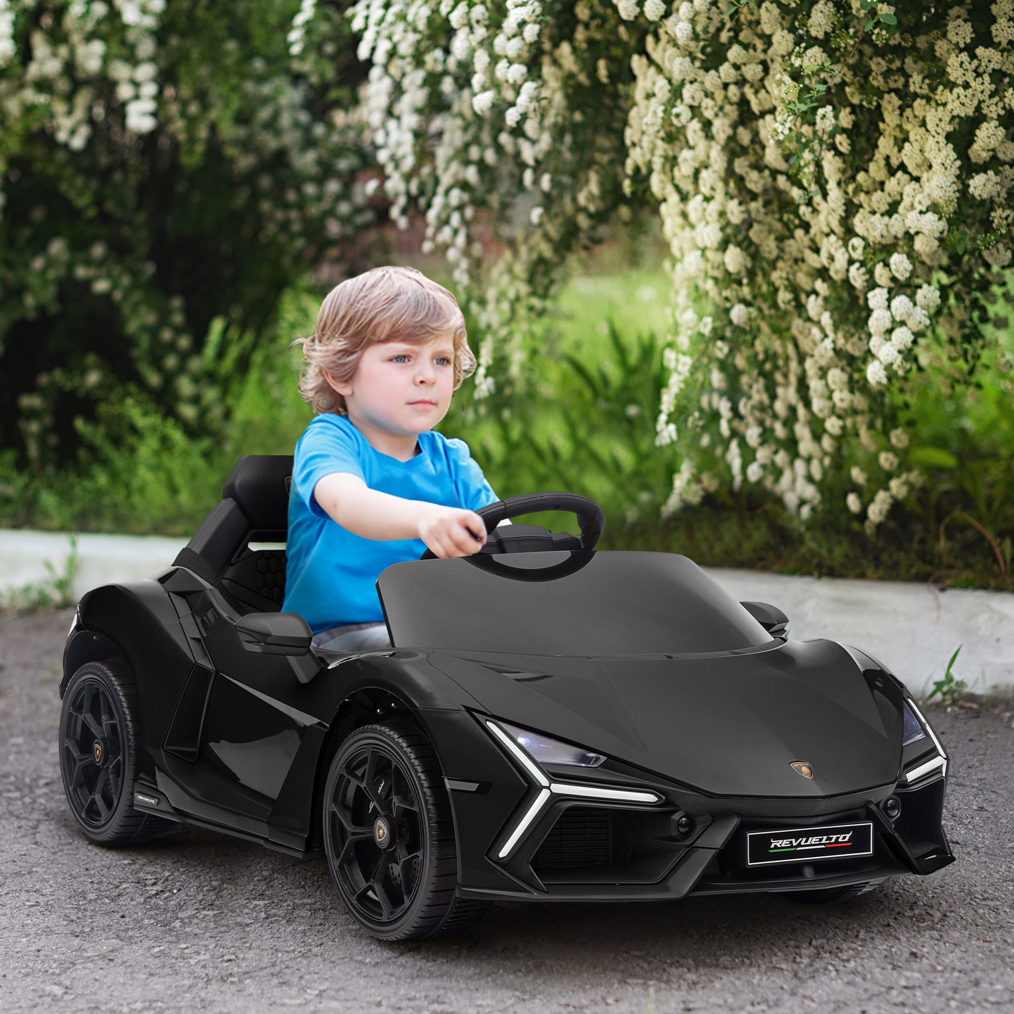 Lamborghini Revuelto Licensed 12V Ride on Car w/ Butterfly Doors, Transport Wheels, Suspension, Remote Control, Black