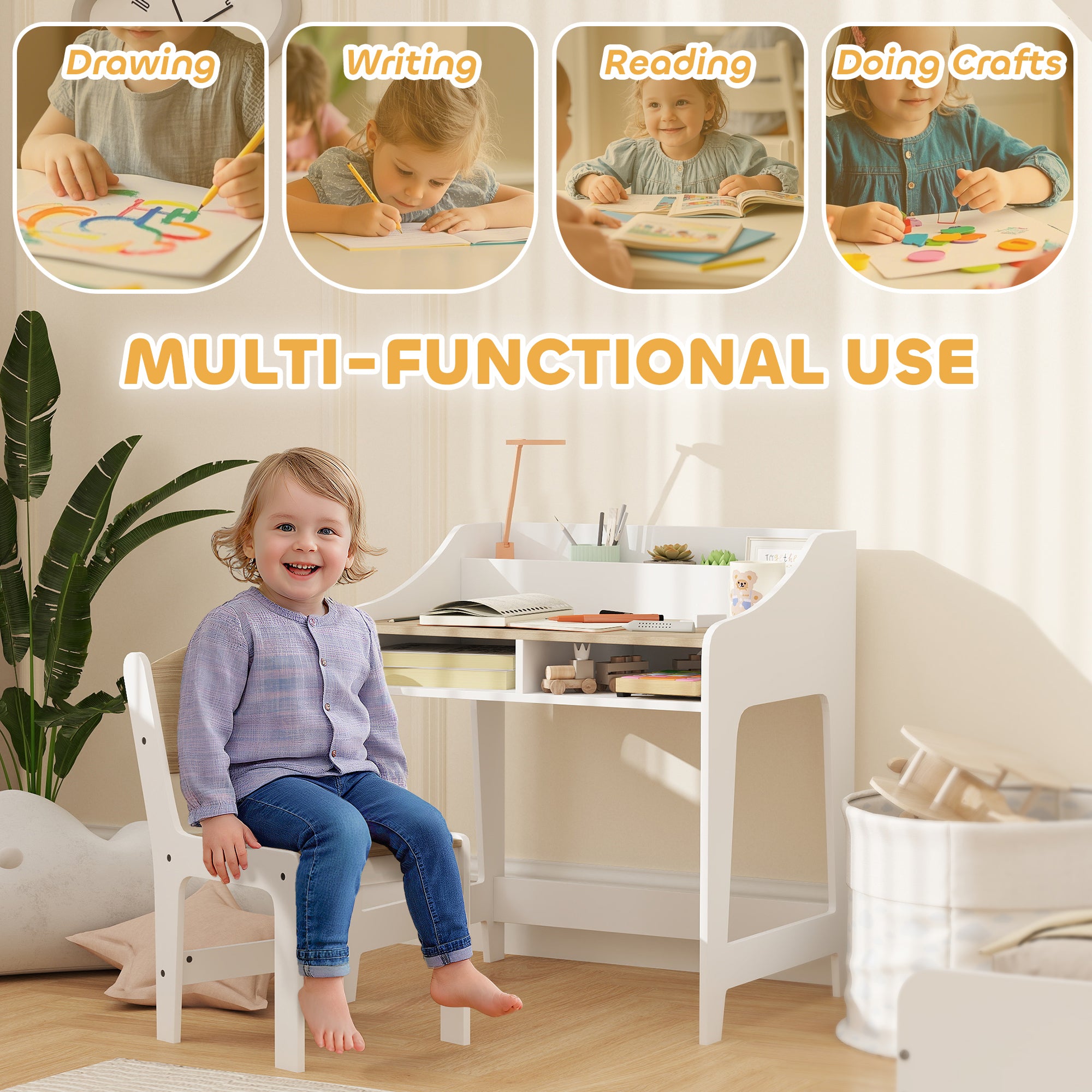 Kids Desk and Chair Set, Children Study Table with Storage and Shelves for Study Room, Gift for 3-8 Years, Natural
