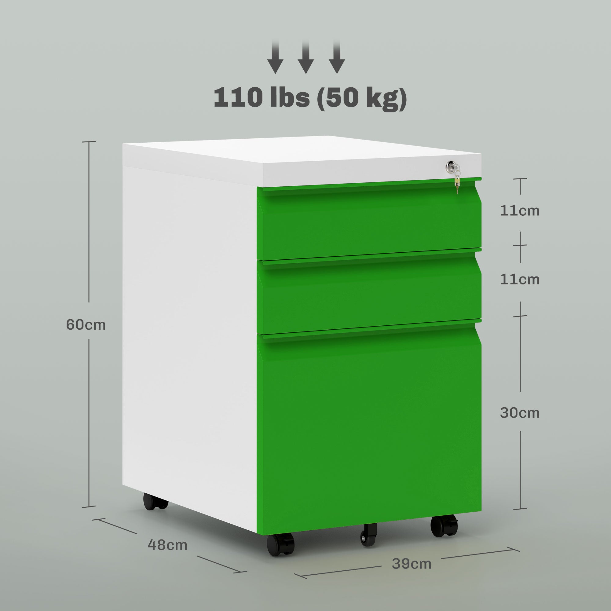 3 Drawer Filling Cabinet, Mobile Metal File Cabinet with Anti-tilt Design for Letter, A4, Legal Size, Green