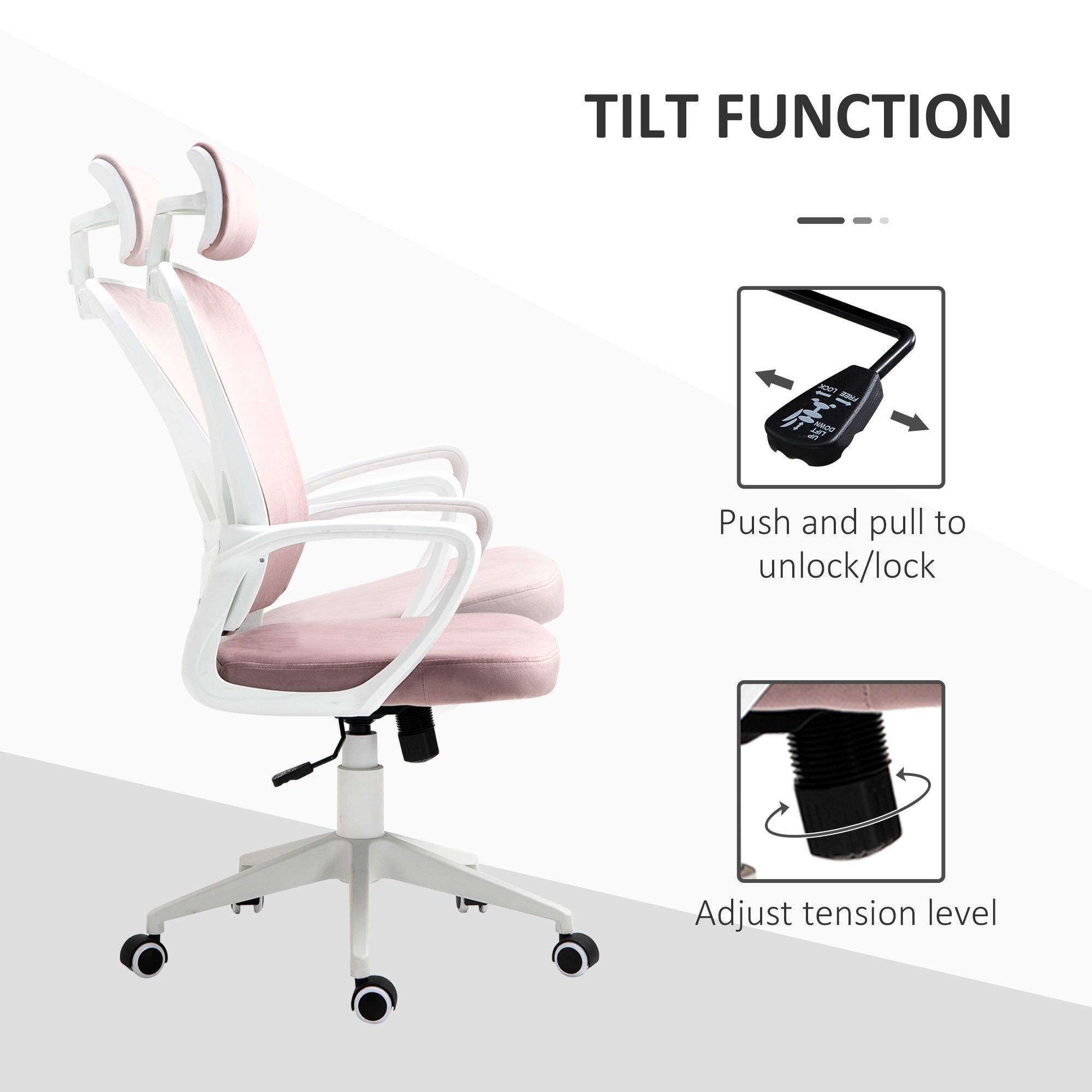 Office Chair, Ergonomic Desk Chair, High Back Velvet Fabric Computer Chair with Adjustable & Liftable Headrest for Home, Pink