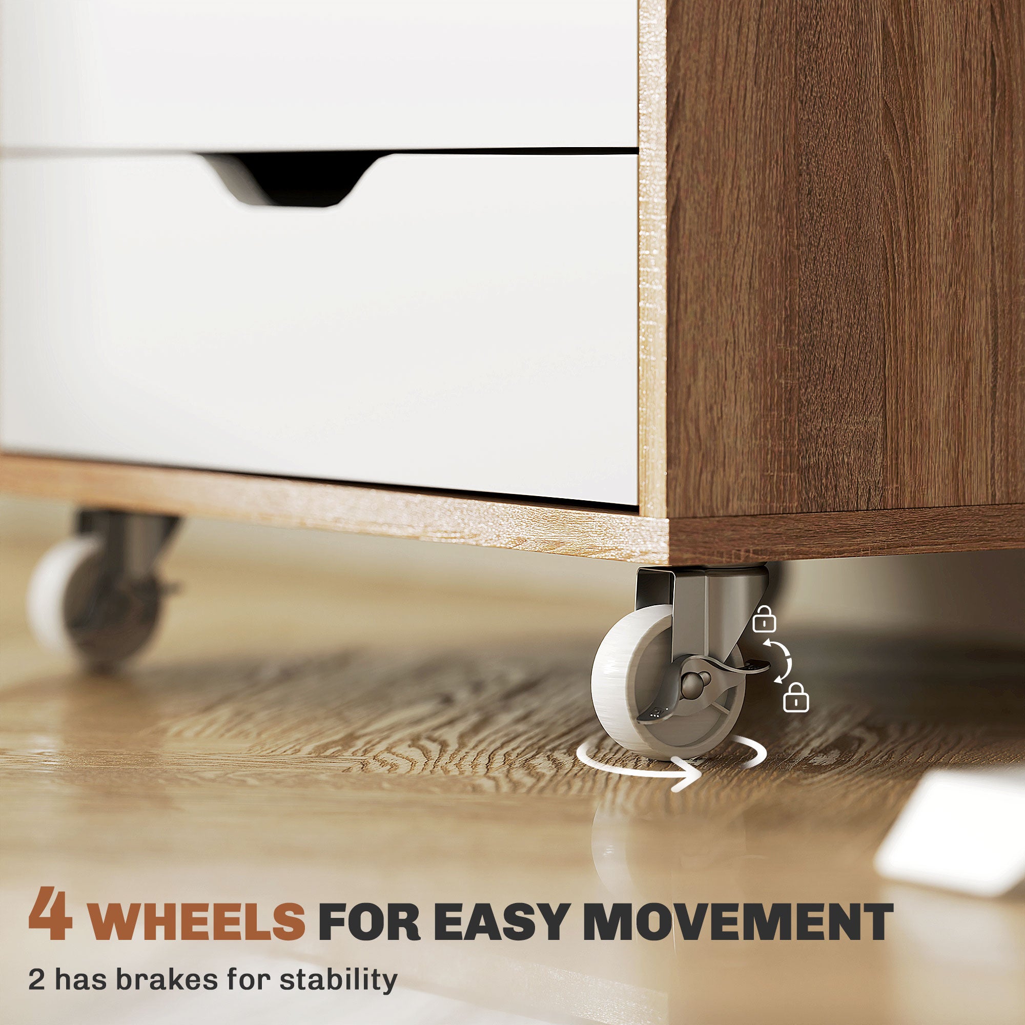 Five-Drawer Filing Cabinet, with Wheels - Oak Brown