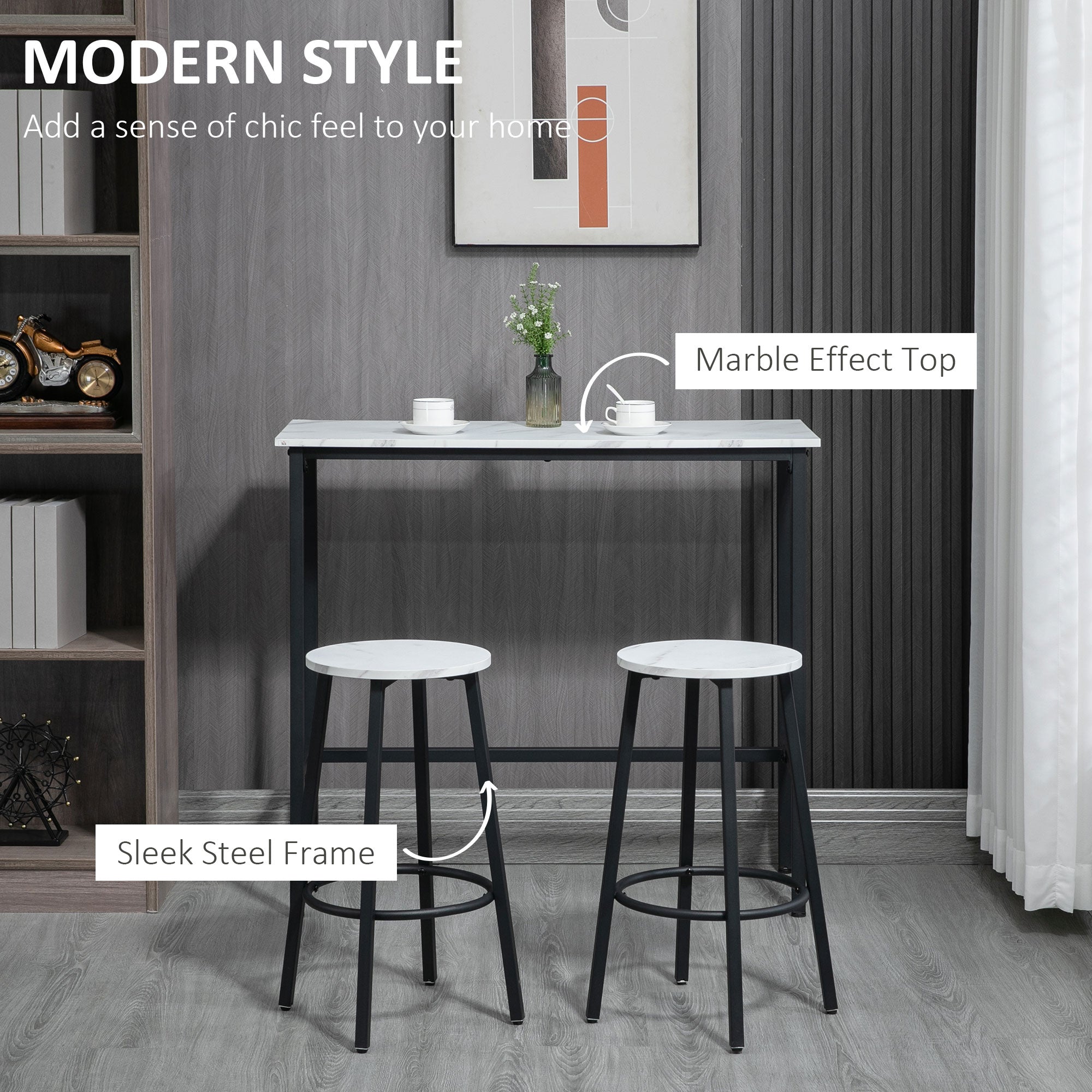 Three-Piece Marble-Effect Bar Table Set - White/Black