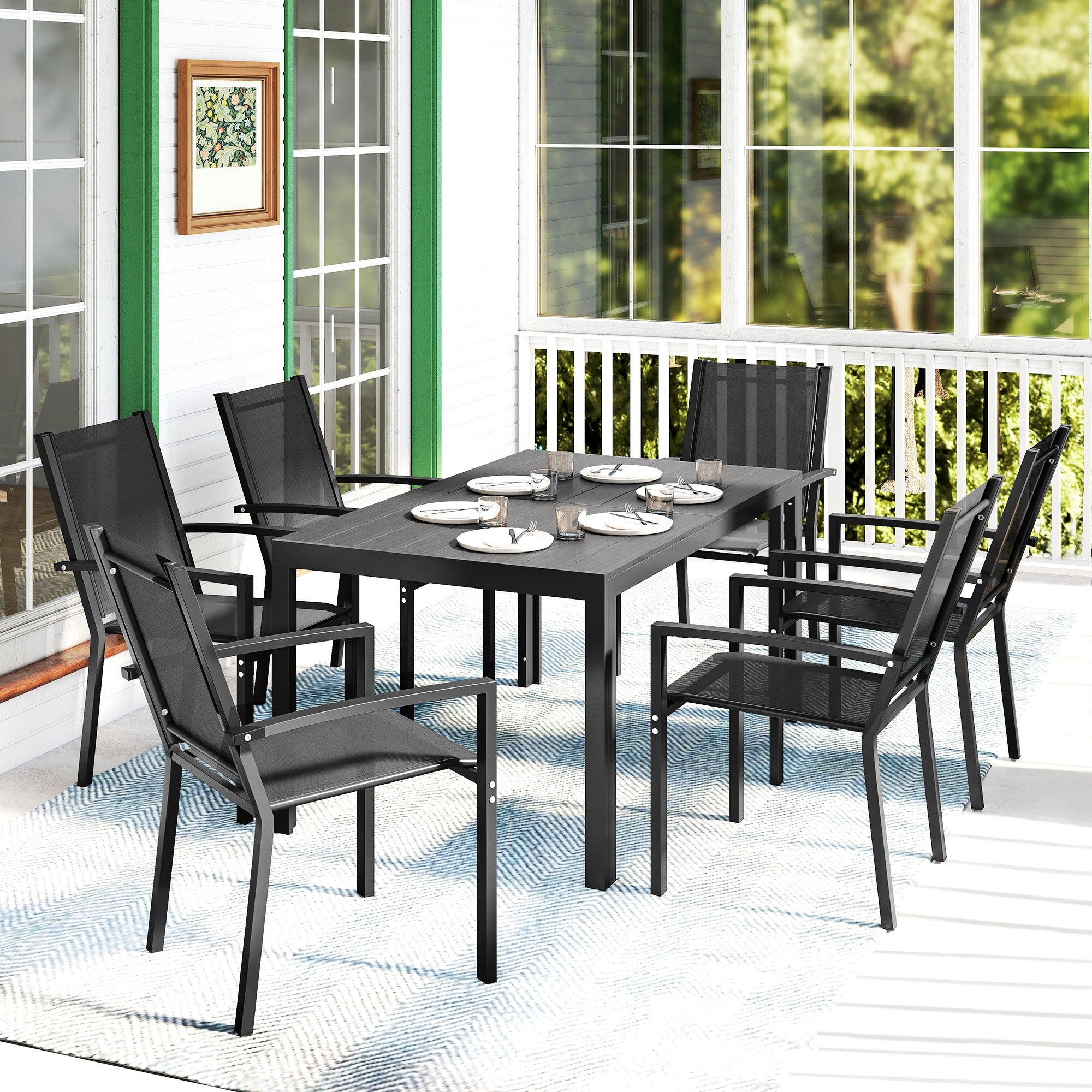 Seven-Piece Garden Dining Set, with Plastic Wood-Top Table - Black