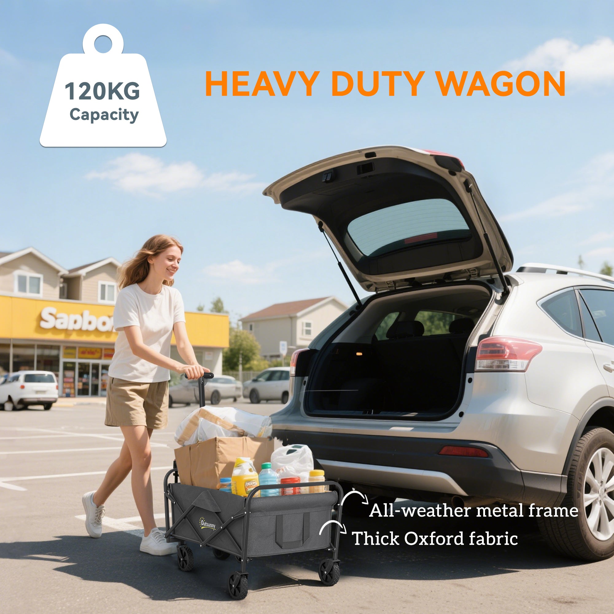 93L Festival Trolley on Wheels, Garden Folding Trolley Cart, 120kg Heavy Duty Collapsible Folding Wagon with Adjustable Handle and Carrying Bag for Beach, Camping, Festival, Grey