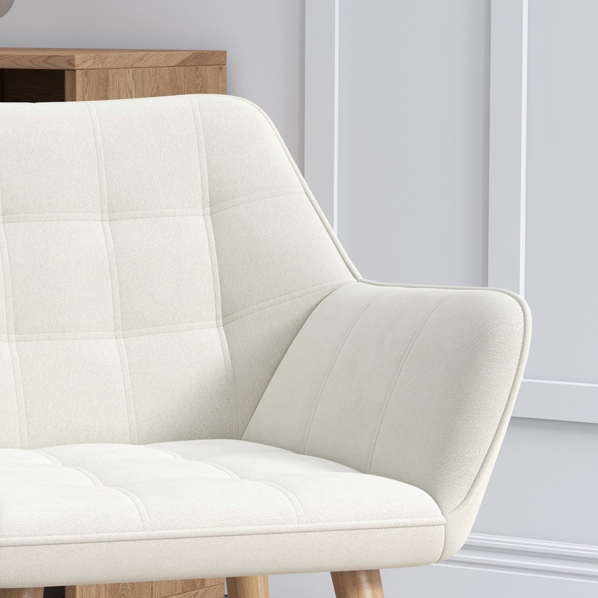 Accent Chair, Arm Chair with Wide Arms, Slanted Back, Thick Padding and Rubber Wooden Legs for Living Room, Cream White