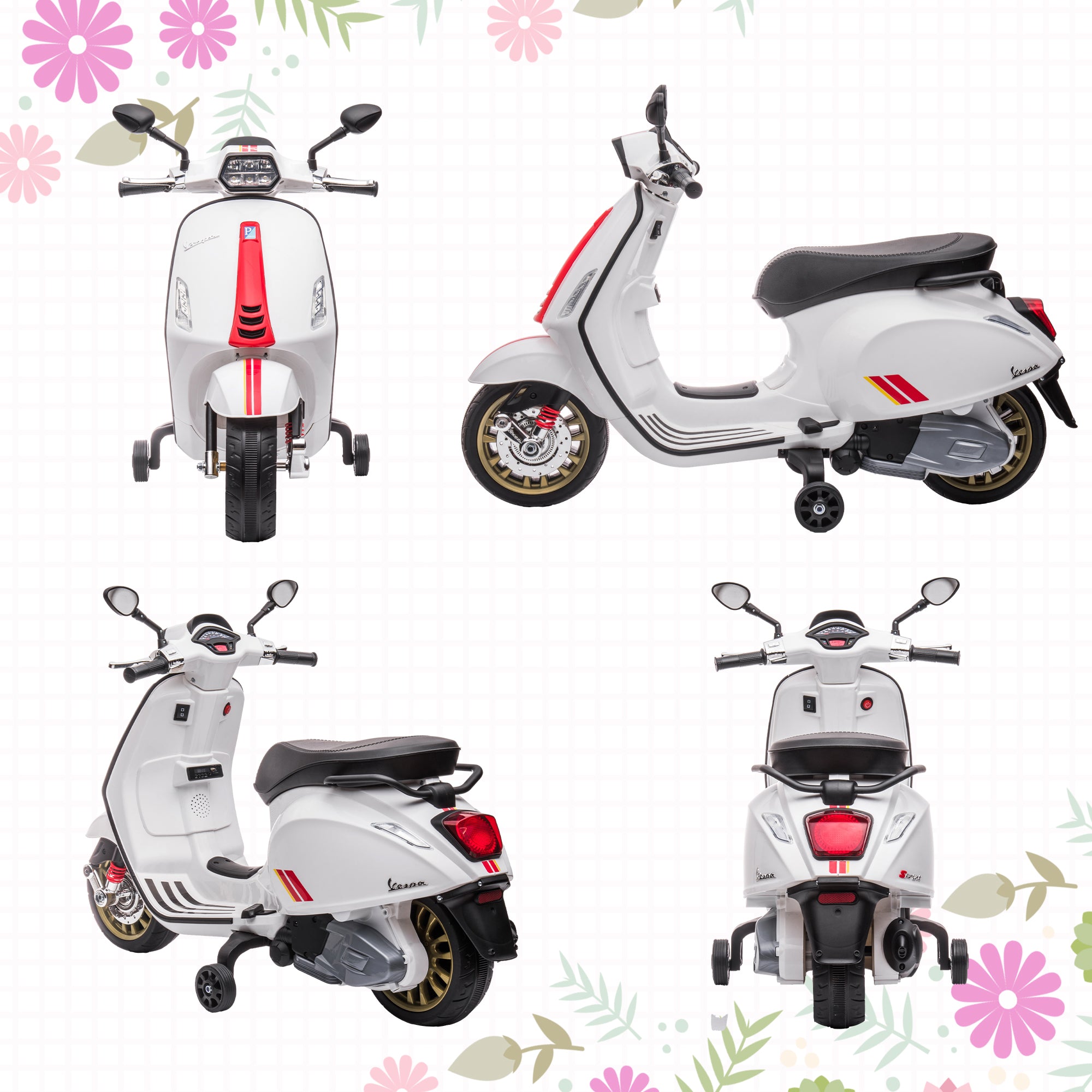 12V Vespa Licensed Kids Electric Motorbike w/ Music, Headlights, FM Radio, for 3-6 Years - White