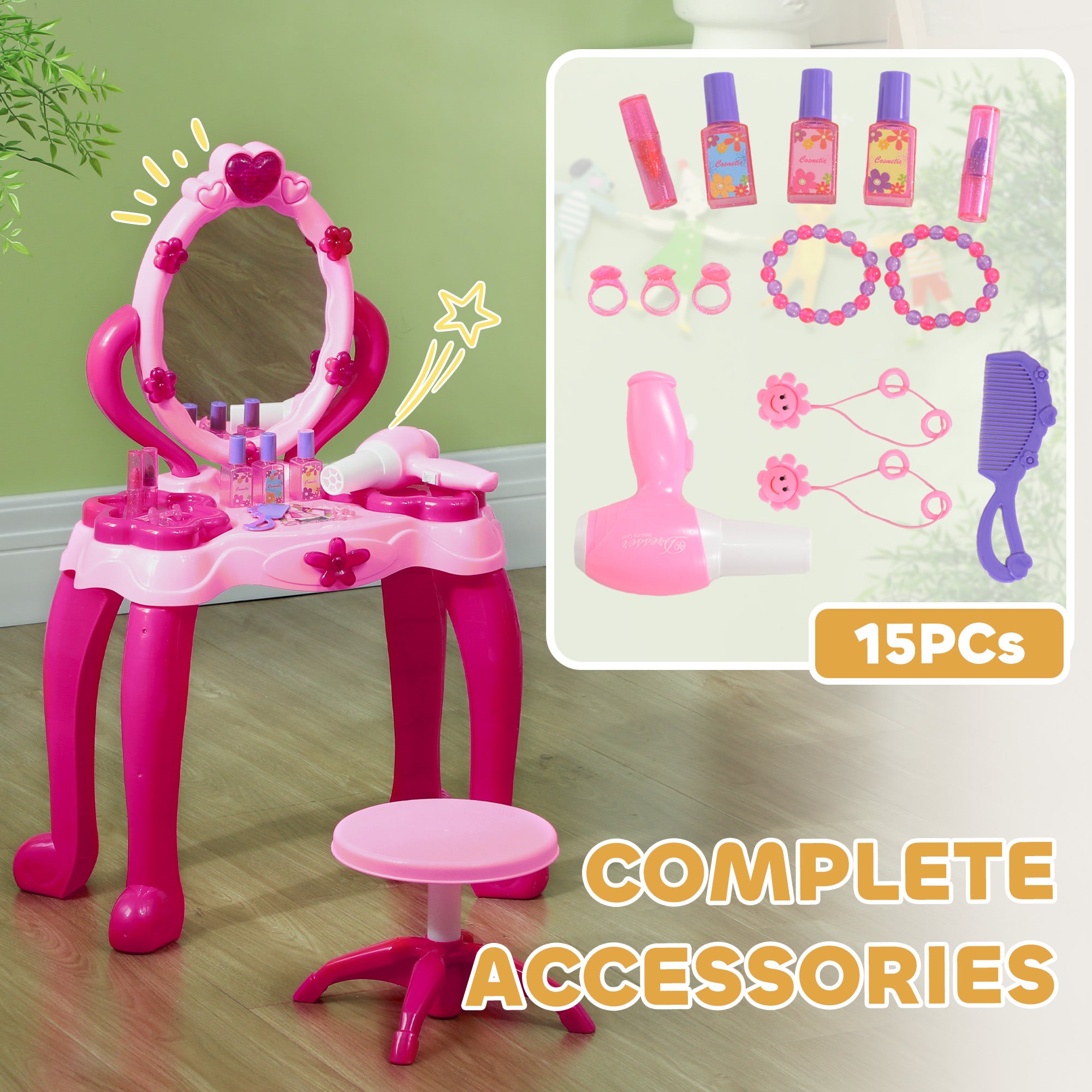 Kids Dressing Table with mirror, Stool, Light, Music, 15 Accessories, for Ages 3-6 Years, Pink