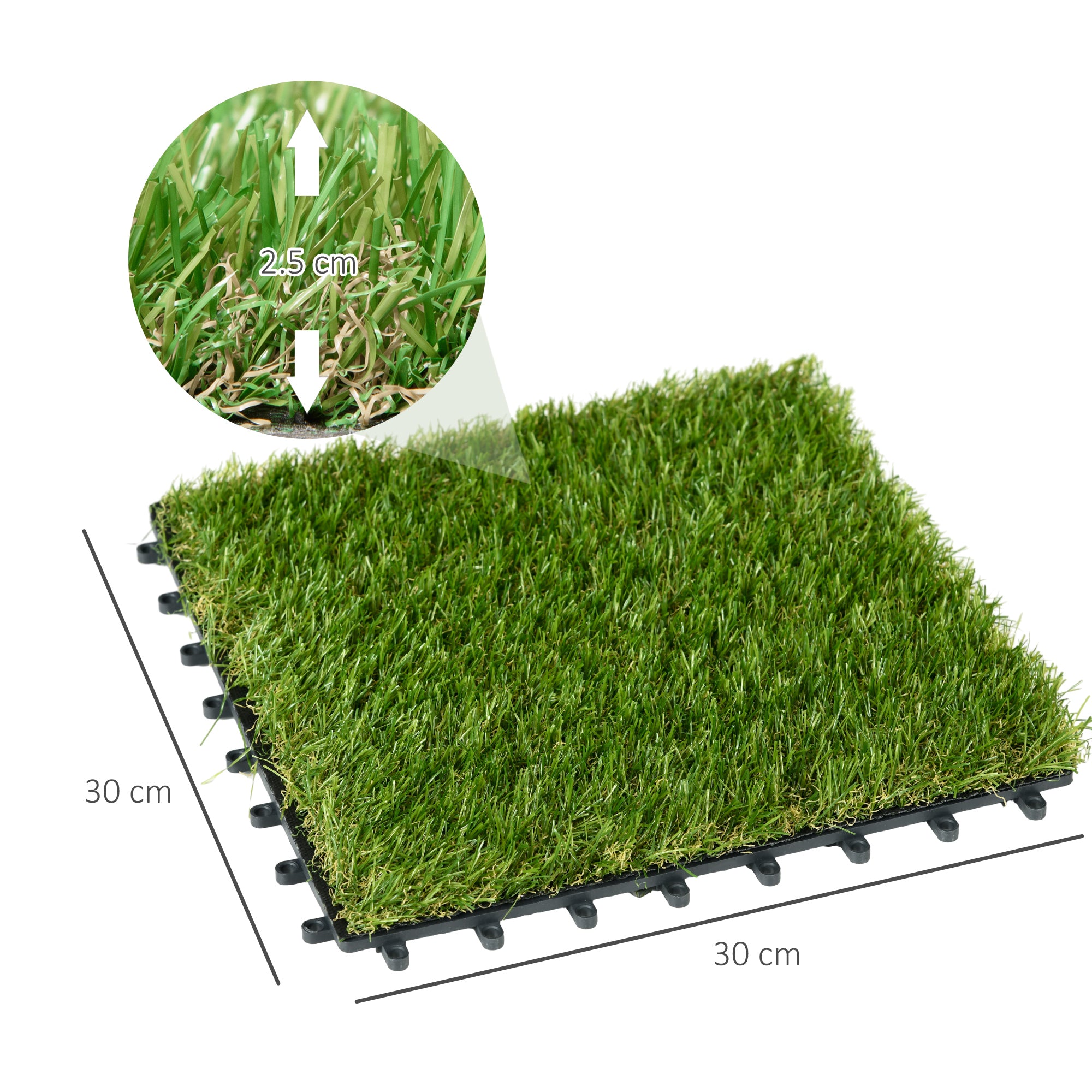 10-Piece Artificial Grass Set, Weatherproof Turf Tiles, 25mm Pile Height, Outdoor Carpet for Garden, Balcony & Patio, 30 x 30cm, Dark Green