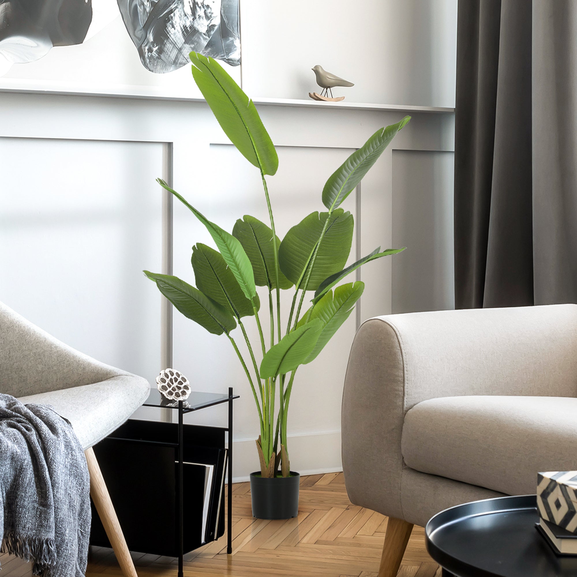 160cm Tall Artificial Bird of Paradise Plant, Faux Banana Leaf Tree with PEVA Leaves and Flocking, Decorative Palm Tree in Pot for Home Office Decor, Green