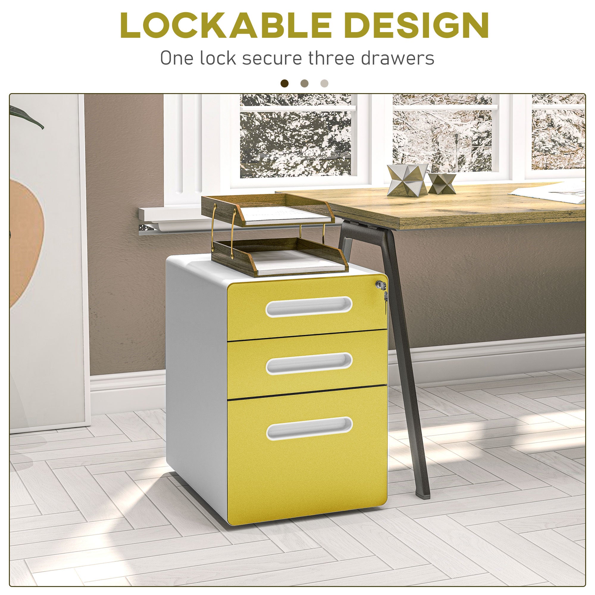 3 Drawer Filing Cabinet, Steel Lockable File Cabinet with Lock and Wheels, for A4, Letter, Legal Sized Files, Yellow