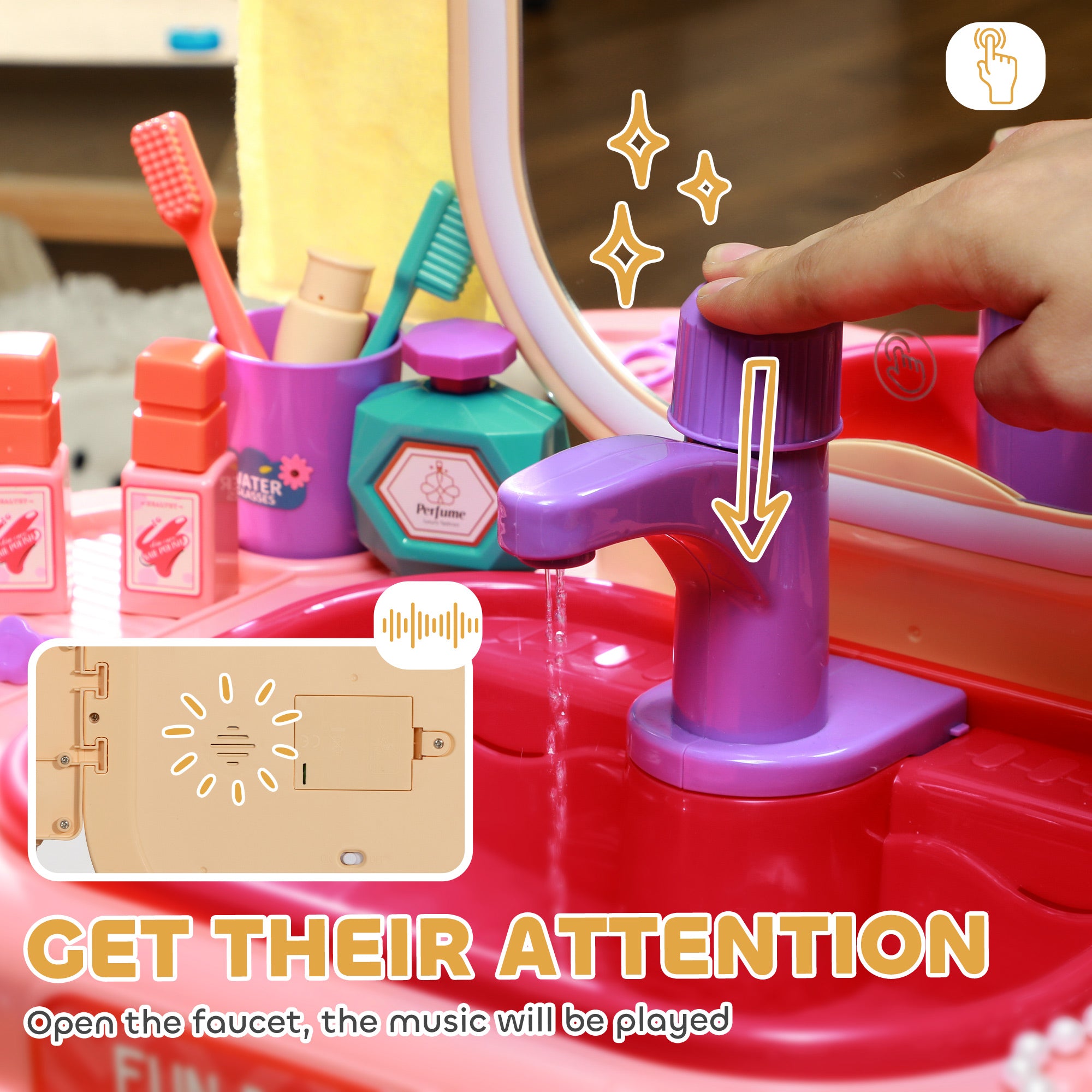 Kids Dressing Table with Mirror, LED Light, 23 Accessories, Pink