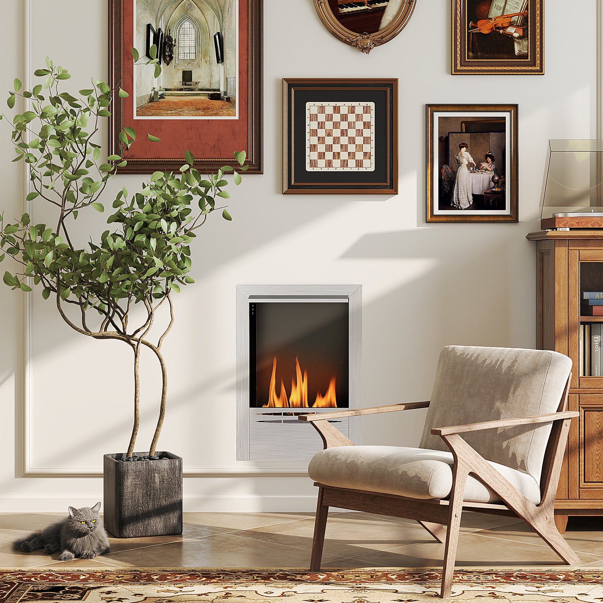 Stainless Steel Ethanol Fireplace Insert, Bioethanol Fire, Indoor Ethanol Burner with 0.9 Litres Volume, Cover Lid, Burns for Up to 3.3 Hours, Silver